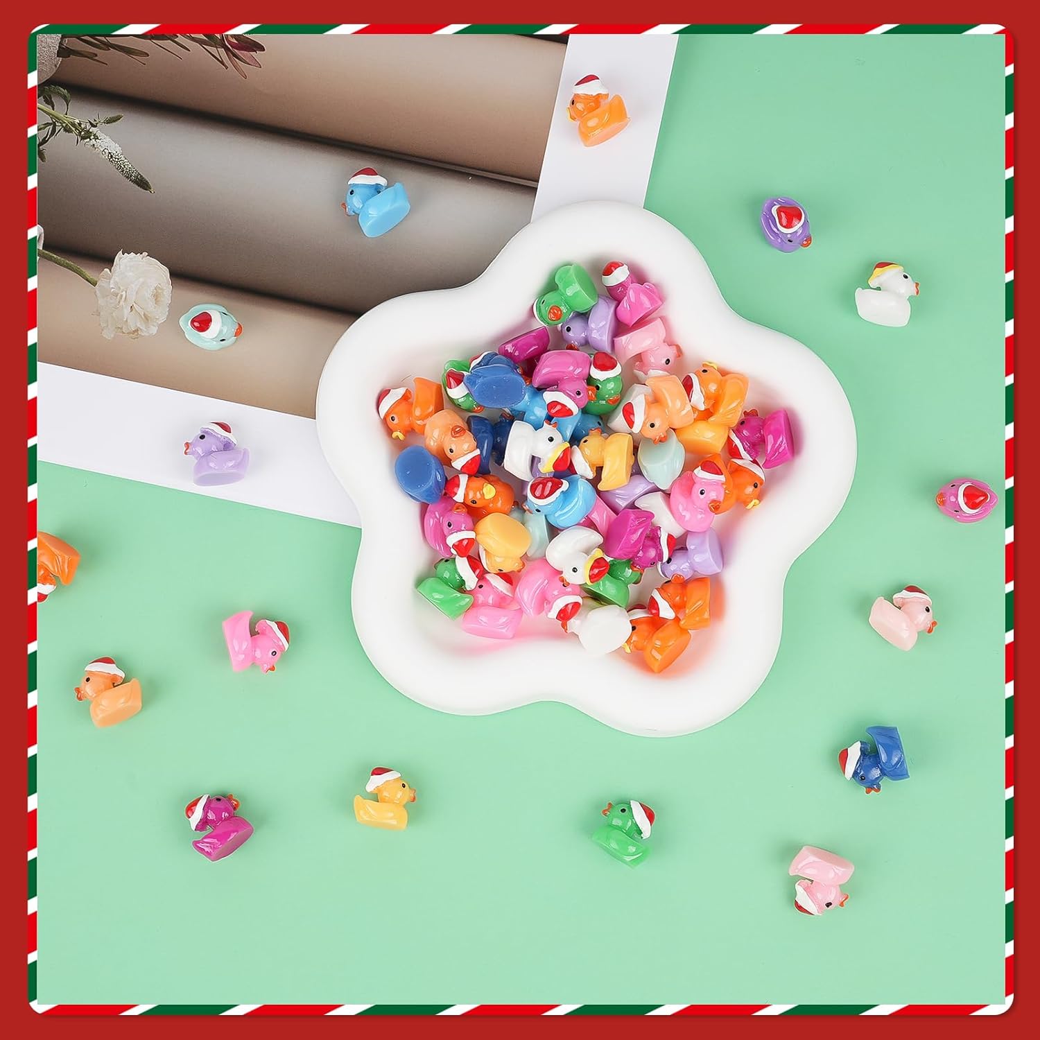 BeadRiver 160 PCS Tiny Christmas Ducks 16 Colors Little Mini Resin Ducks Christmas Hat Miniature Ornaments for Slime Dollhouse Fairy Garden Decoration