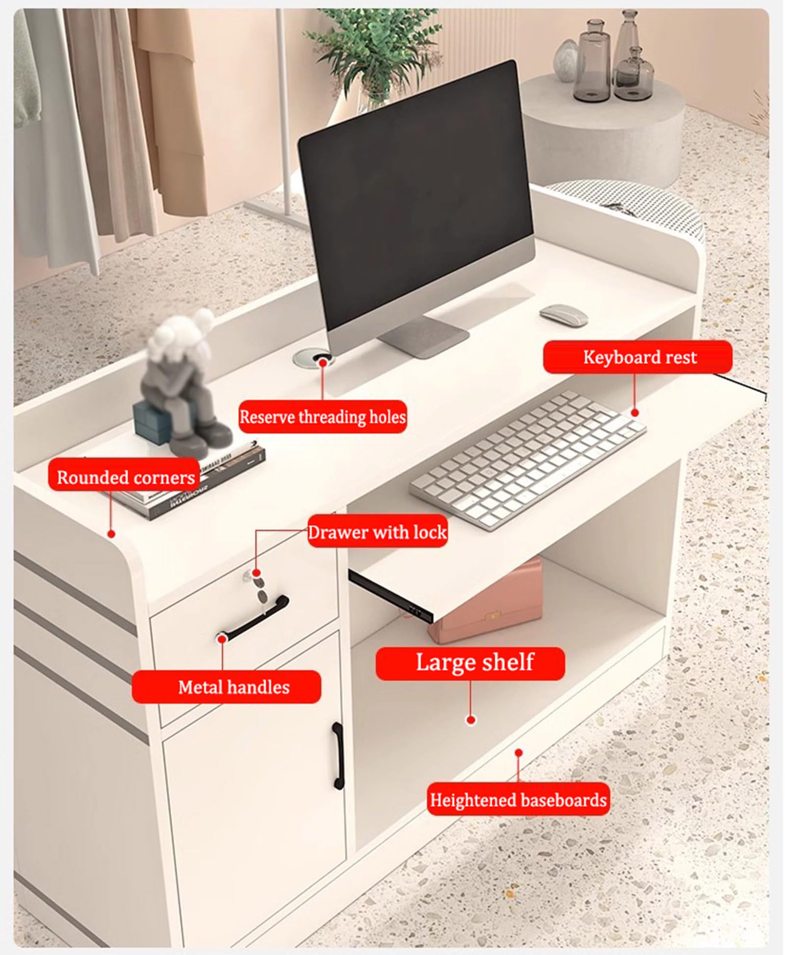 Escritorio de recepción con cerradura con armario y bandeja para teclado, moderno mostrador de tienda y piel de oficina, 80 x 40 x 92 cm (negro) - Perfecto para professas