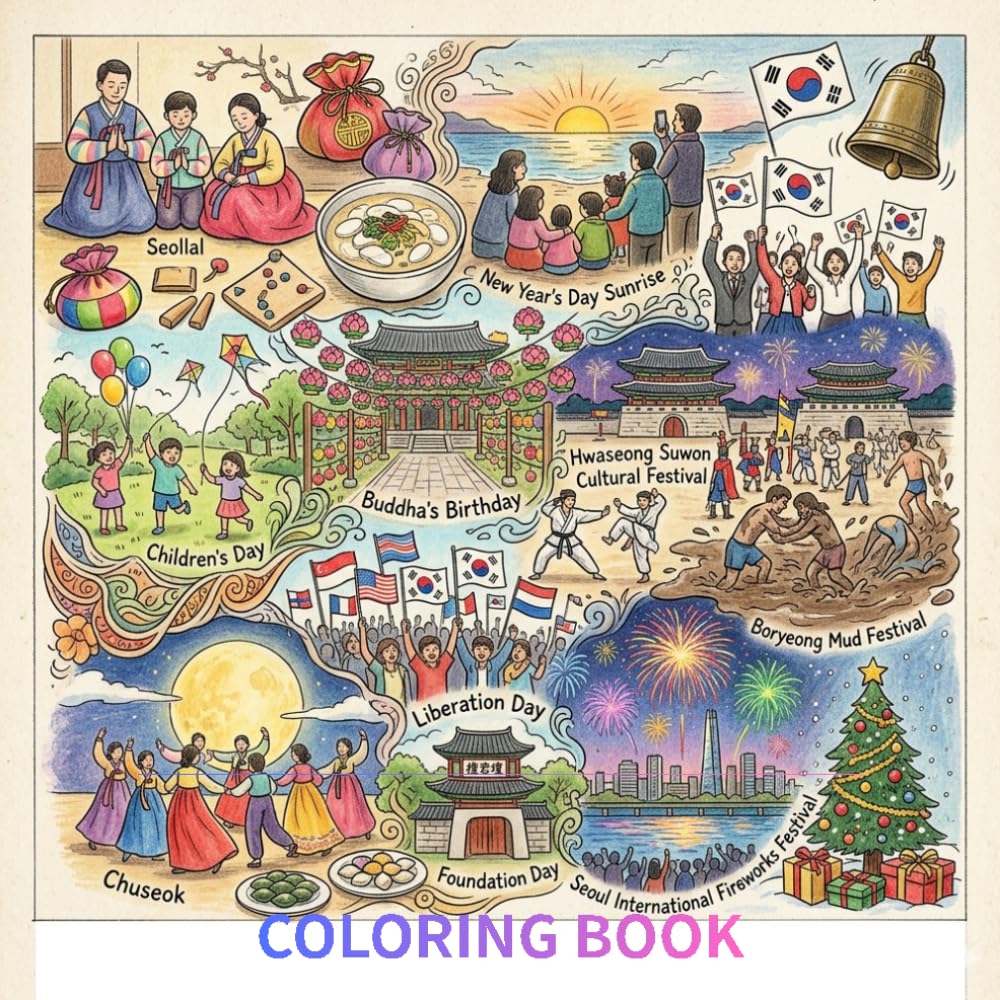 Beautifully hand-drawn coloring book that celebrates the vibrant and meaningful festivals of South Korea,: South Korea Festivals Coloring Book for ... Cultural Traditions, Asian Travel Line Art
