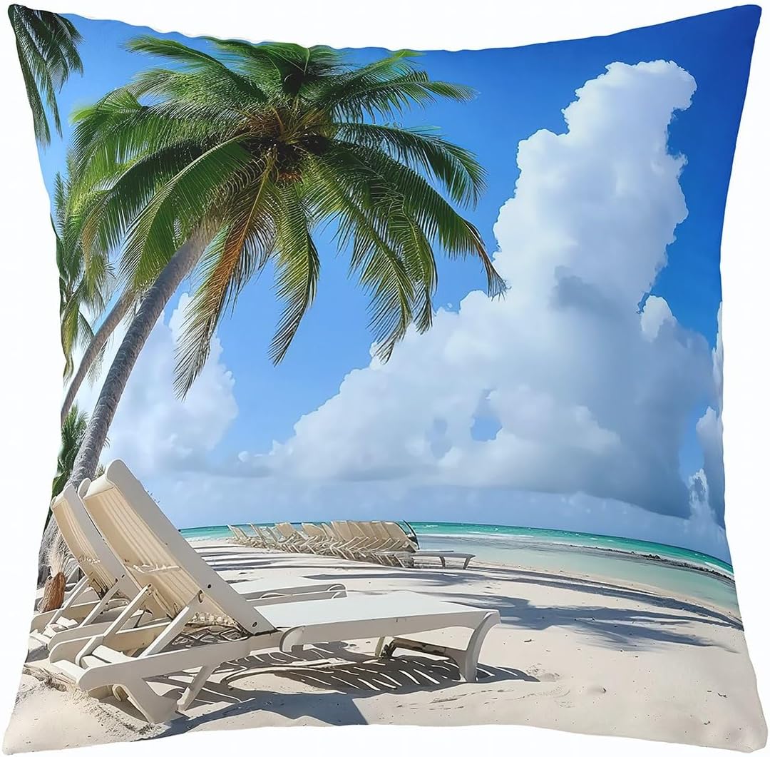 Hawaii Beach Throw Pillow Covers 16x16 Inch Set of 4, Tropical Ocean Beach Decor Pillow Covers, Palm Tree Decorative Pillow Covers, Summer Holiday Style Coastal Cushion Covers Bedroom Decor