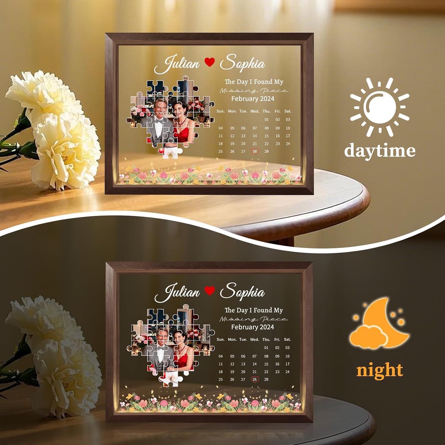 The Day I Found My Missing Piece Light Frame, Custom Couple Photo Puzzle Frame LED Night Light, Personalized Photo Calendars Gift Wedding Anniversary for Couples