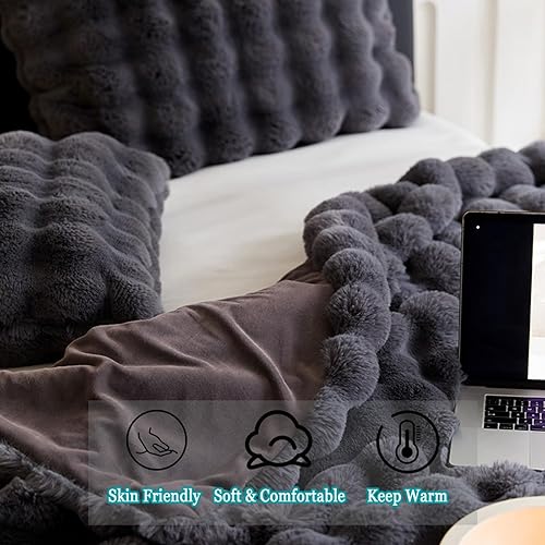 Miniatura 2 de Manta de piel de conejo sintética tamaño individual  Acogedora manta de felpa mullida para la siesta tamaño Queen para sofá, sillón, sala de estar,