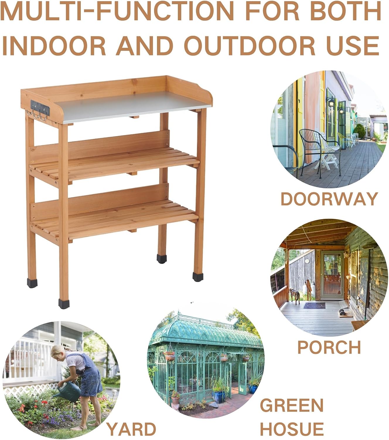 Potting Bench Table, All-Weather Garden Table Work Station, Wood Outdoor Potting Table for Garden, Yard, Balcony, Easy Assembly (Light Brown)