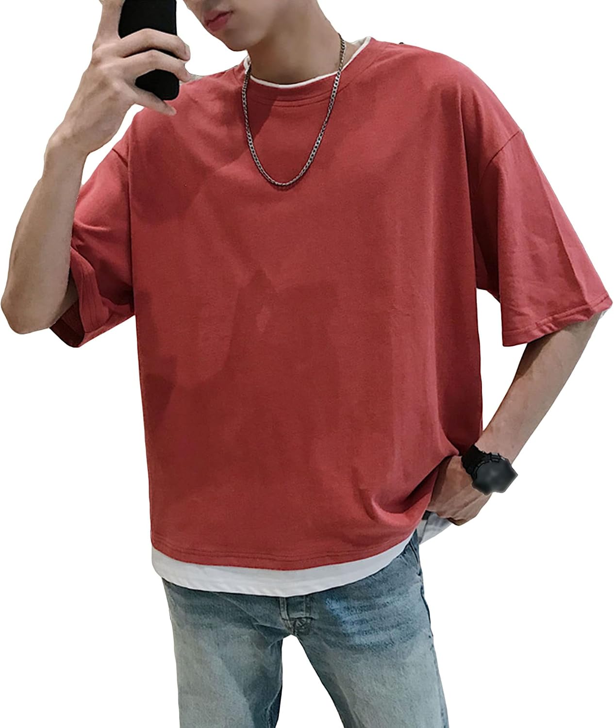 DGHM-JLMY Men's Patchwork Casual Heavyweight T-Shirt Fashion Tee Loose Solid Fake 2 Pieces Short-Sleeved T-Shirts