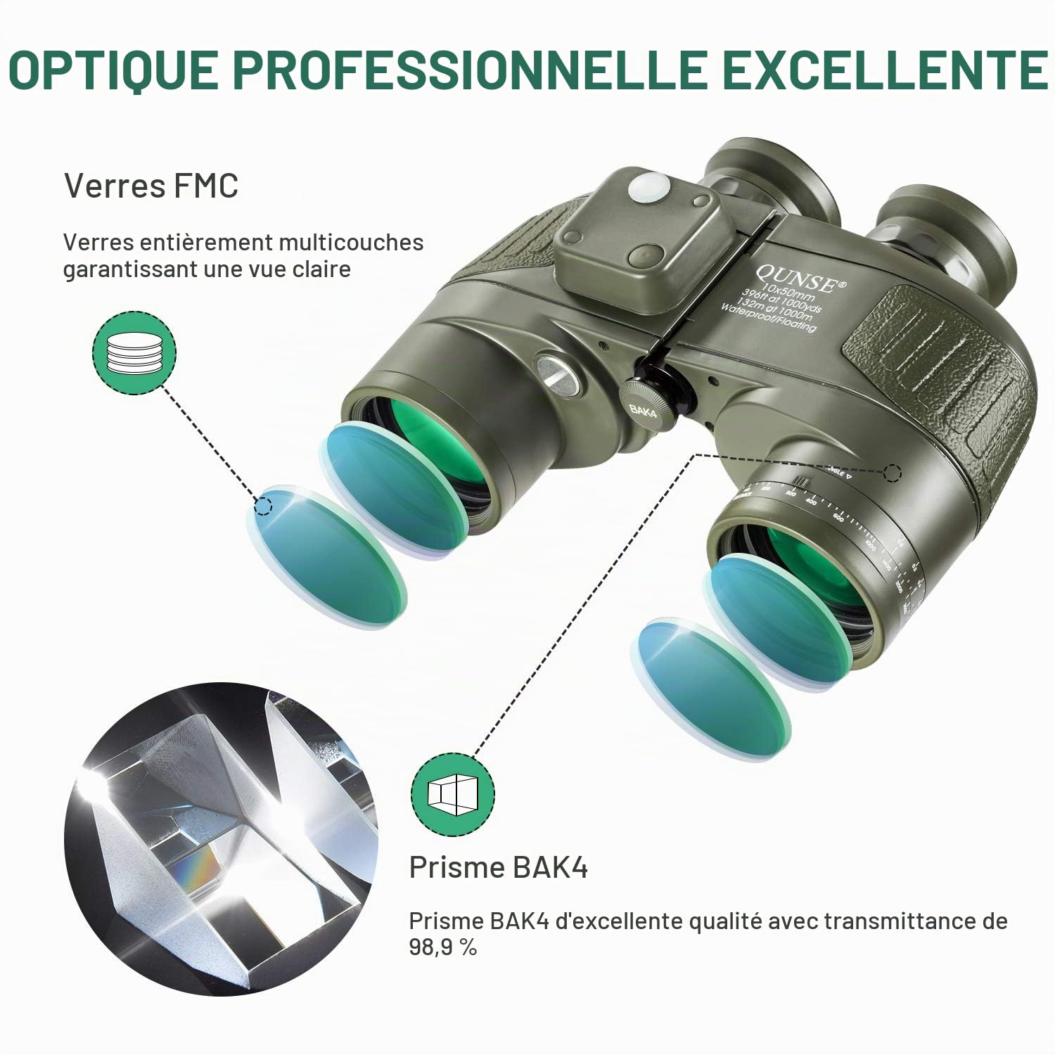 Jumelles 10x50 avec Boussole et Télémètre pour Adultes | Totalement Étanche et Immergeable avec Prisme BAK4 et FMC pour une Vision Claire en Mer, Safari et Randonnée
