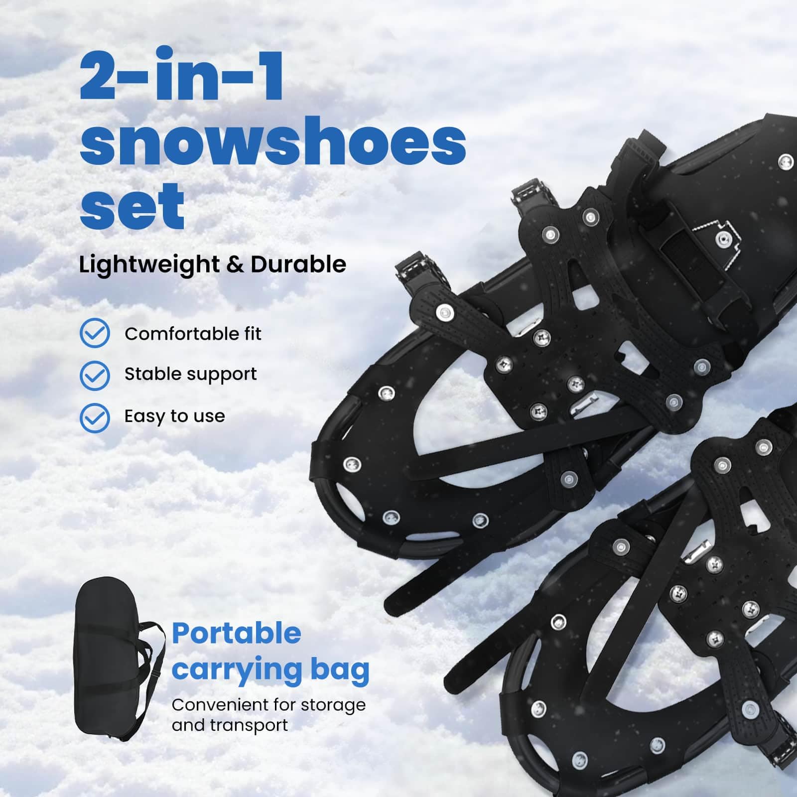 vidaXL Ciaspole 3 in 1 Nero 53,5 x 21 cm Alluminio e HDPE, Ciaspole in alluminio per il giardino, attrezzatura outdoor regolabile, accessori moderni per camminare sulla neve