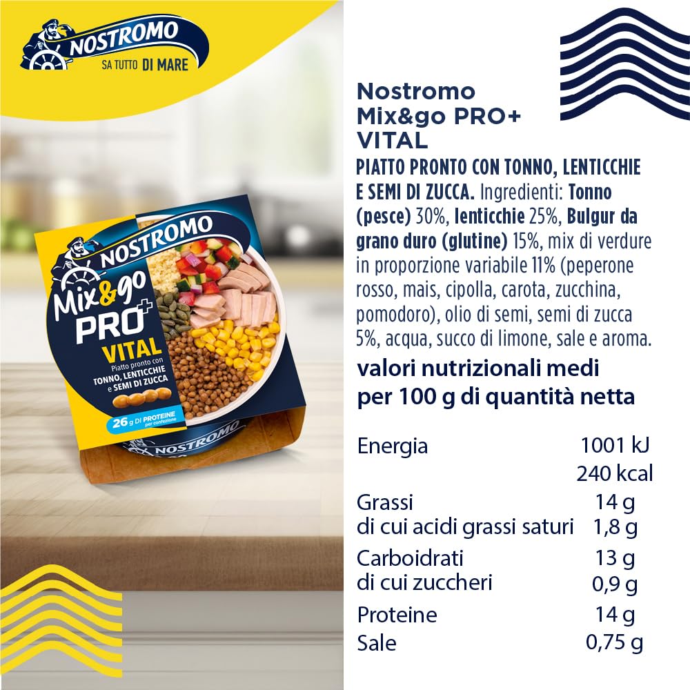 Nostromo - Mix&Go VITAL PRO+ Tonno con Lenticchie, Bulgur, Verdure e Semi di Zucca – Piatto Pronto Equilibrato, Ricco di Fibre e Proteine – 12 Confezioni da 190g