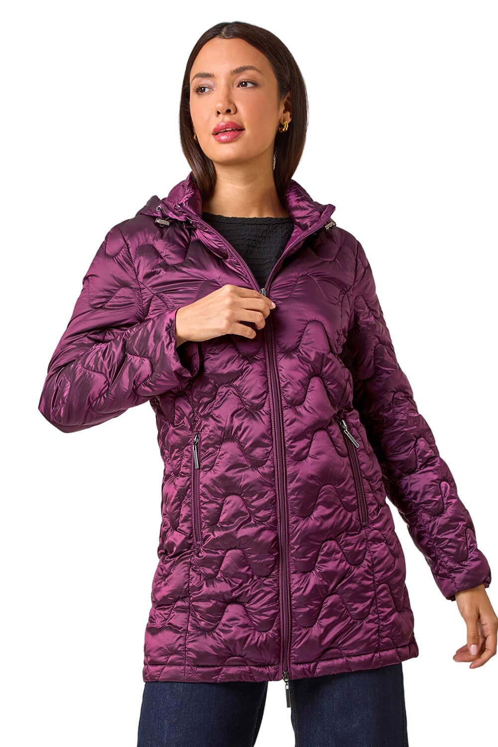 Roman Women's Magenta Wave Quilted Puffer Hooded Coat In | Size: 10