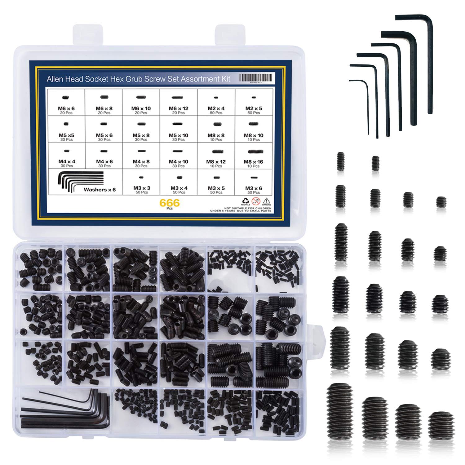 Azonee Internal Hex Drive Cup-Point Screws Assortment Kit, 666Pcs 22 Sizes M2/3/4/5/6/8 Set Screw Set for Door Handles, Faucet, Light Fixture, 12.9 Class Alloy Steel (Black)