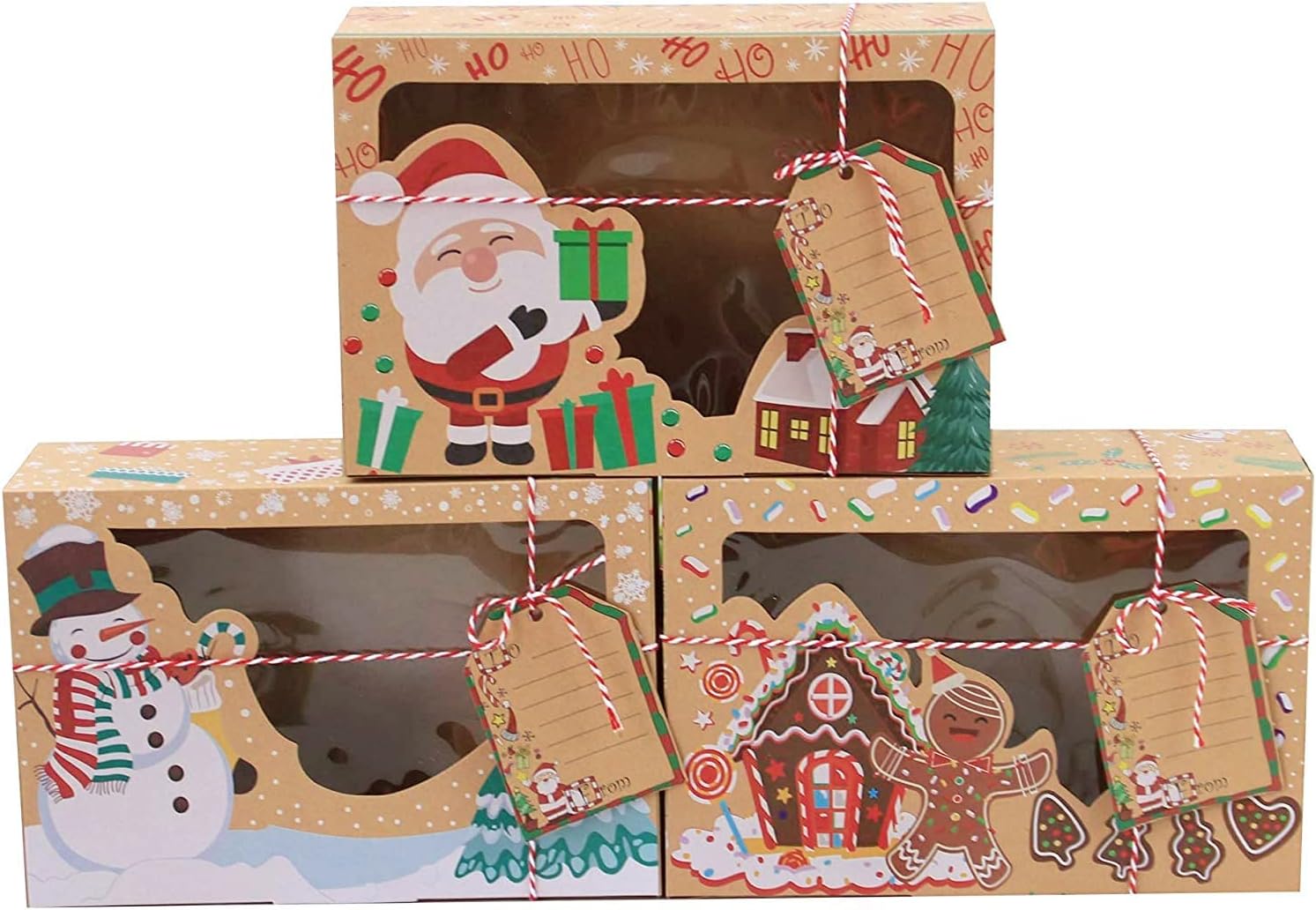 15 Pcs Christmas Cookie Boxes - Christmas Treat Boxes for Donuts Cupcake Candy Gift Giving, Holiday Gift Baking Box Christmas Kraft Paper Boxes with Christmas Tags & Ribbons