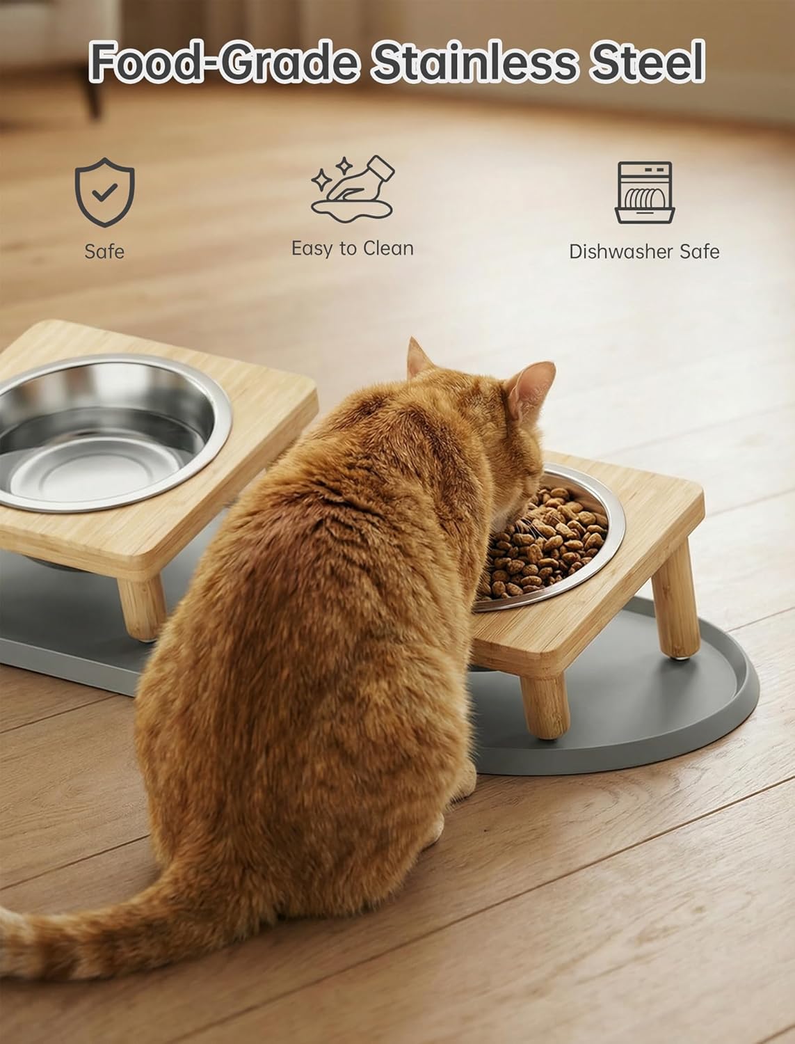 NiHome Elevated Cat Bowls with Food Mat for Indoor Cats, 5 Feeding Positions Raised Cat Bowl Bamboo Stand with 2 Stainless Steel Bowls, Whisker Friendly Dishwasher Safe Pet Food and Water Bowl