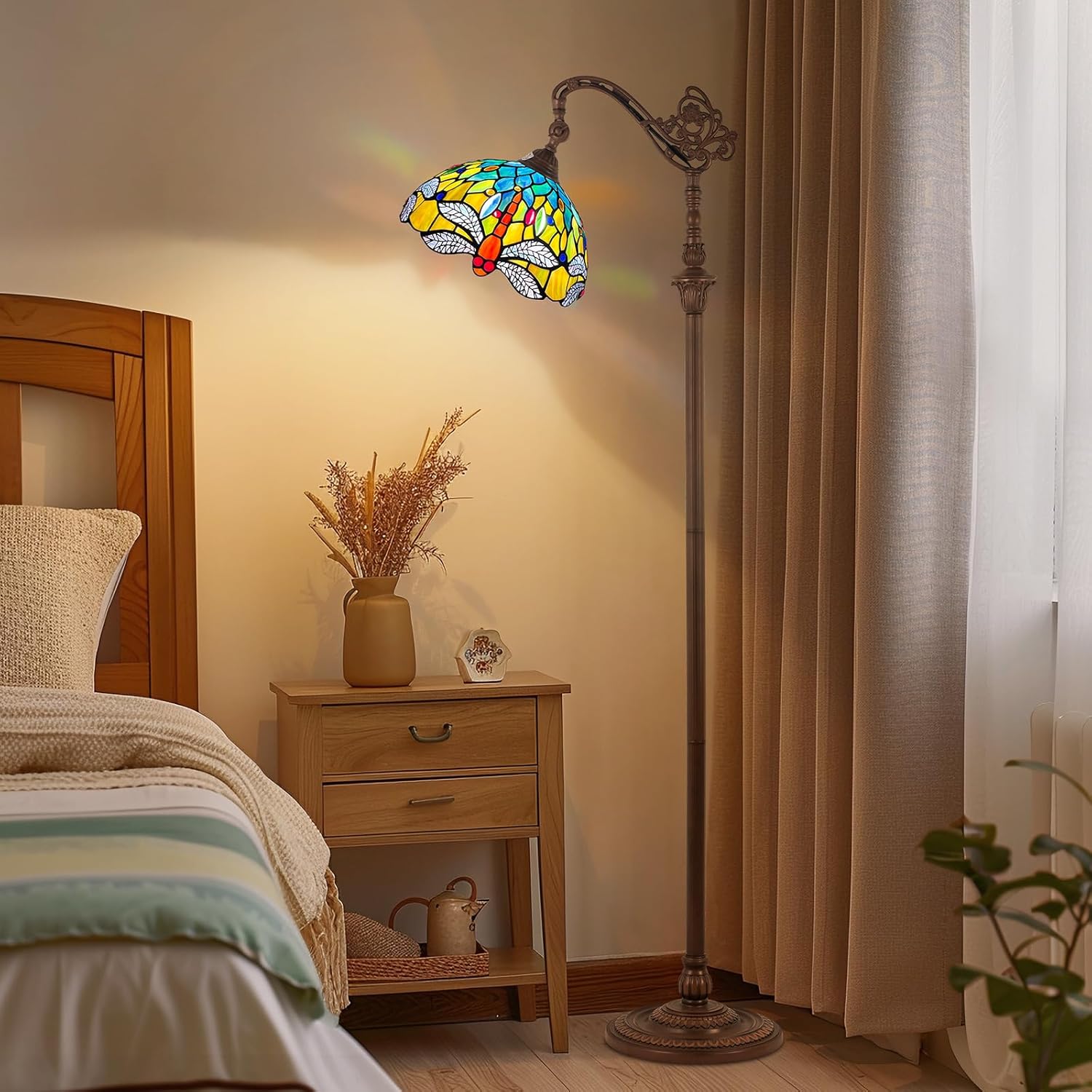 Capulina Tiffany Lamp Stained Glass Floor Lamp 62 Inches Tall Blue Orange Dragonfly Arched Adjustable Angle Tiffany Style Reading Floor Lamp for Living Room Bedroom Home Office
