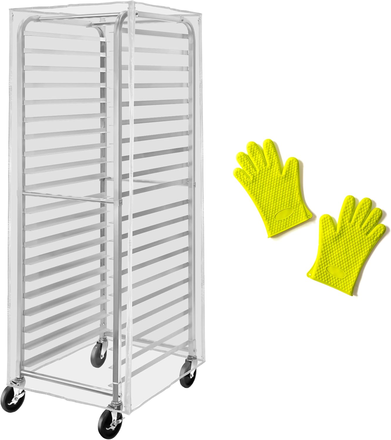20 Tier Bun Pan Rack Cover, Heavy Duty Clear PVC, Tear Resistant, Reinforced Seams, Cold Crack Resistance -15 Degrees with Silicone Oven Gloves