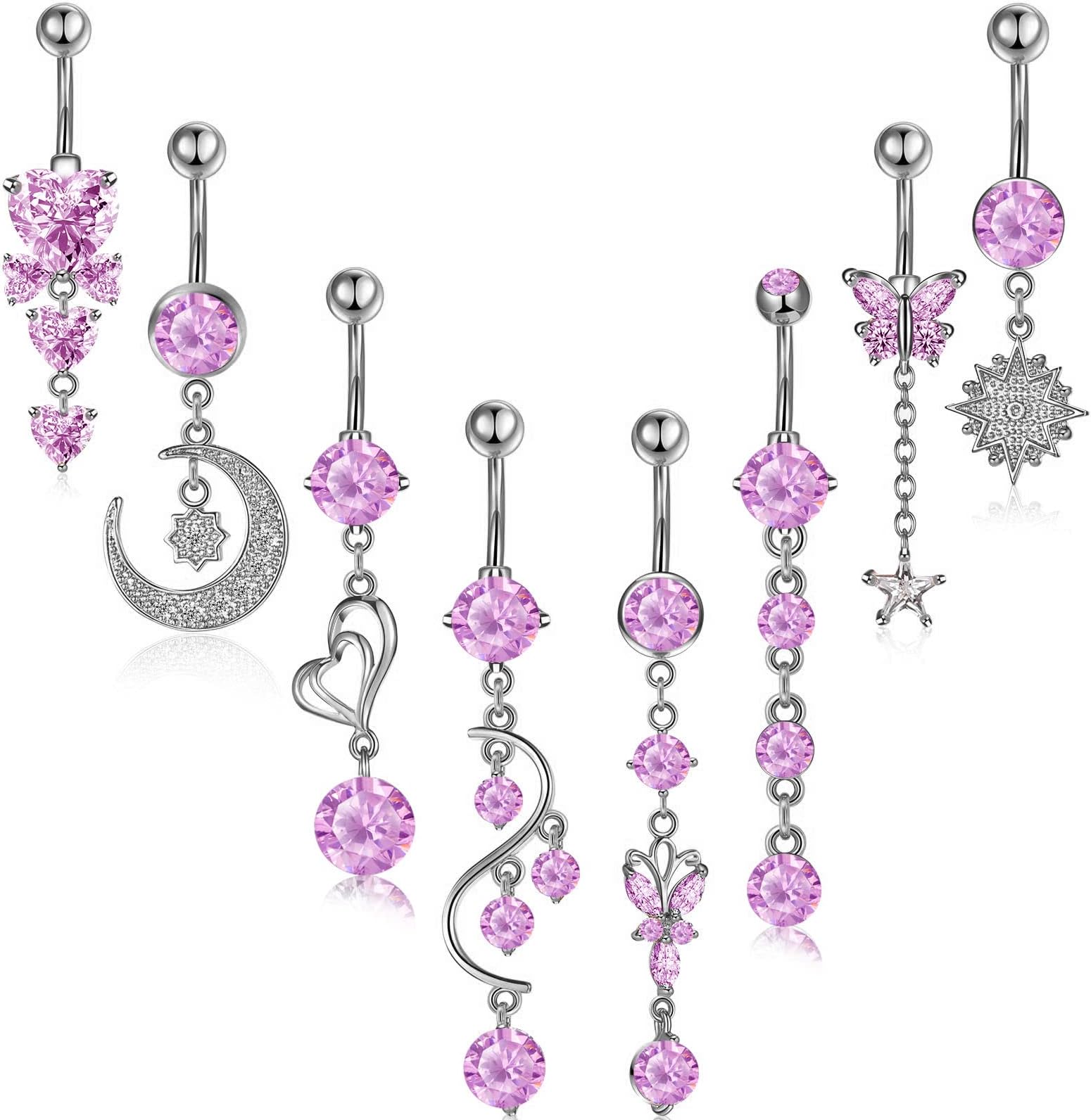 8 Pieces 14G Belly Button Rings Steel Long Dangle Navel Ring CZ Body Piercing Jewelry