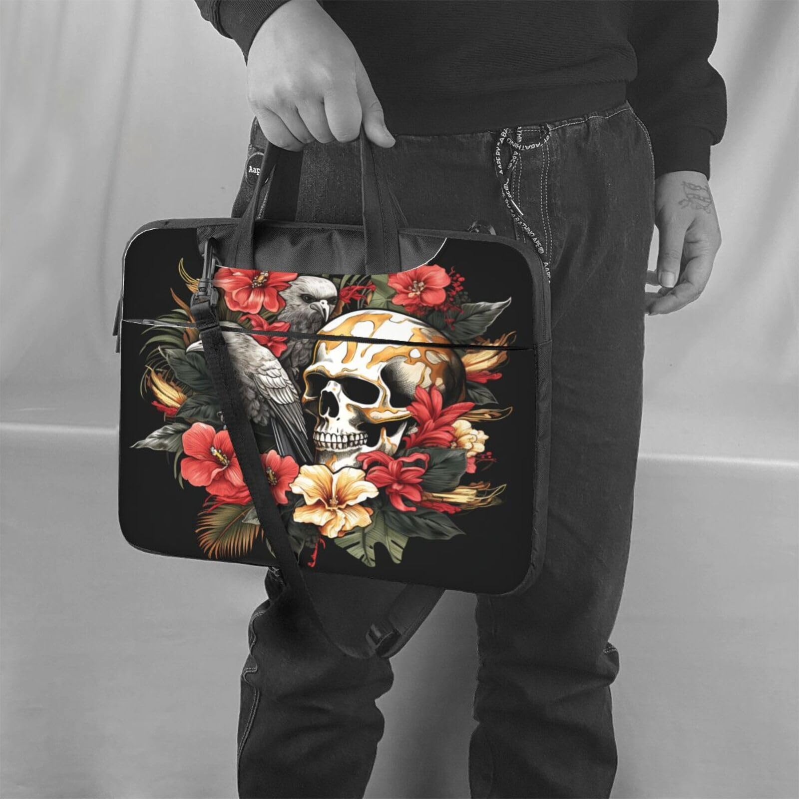 Funda para portátil de 13/14/15.6 pulgadas, diseño de calaveras humanas, flores tropicales exóticas, para mujeres y hombres, ligera, resistente al agua, para ordenador o tableta, bolso de