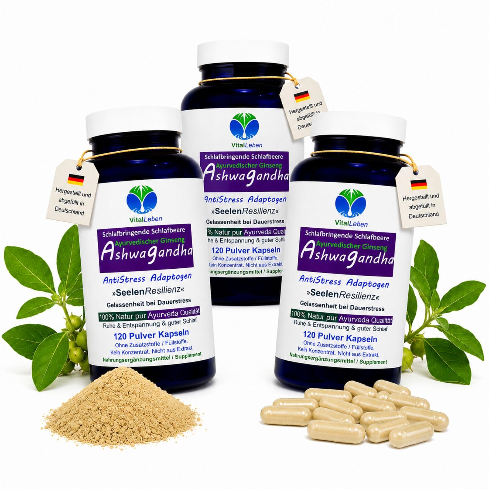 Ashwagandha Naturwurzel Withania somnifera 360 (3x120) Pulver Kapseln. AYURVEDA-ADAPTOGEN. Reine Schlafbeere, NATURDOSIERT. Nicht künstlich hochdosiert. OHNE Zusatzstoffe. OHNE Füllstoffe 27180-3