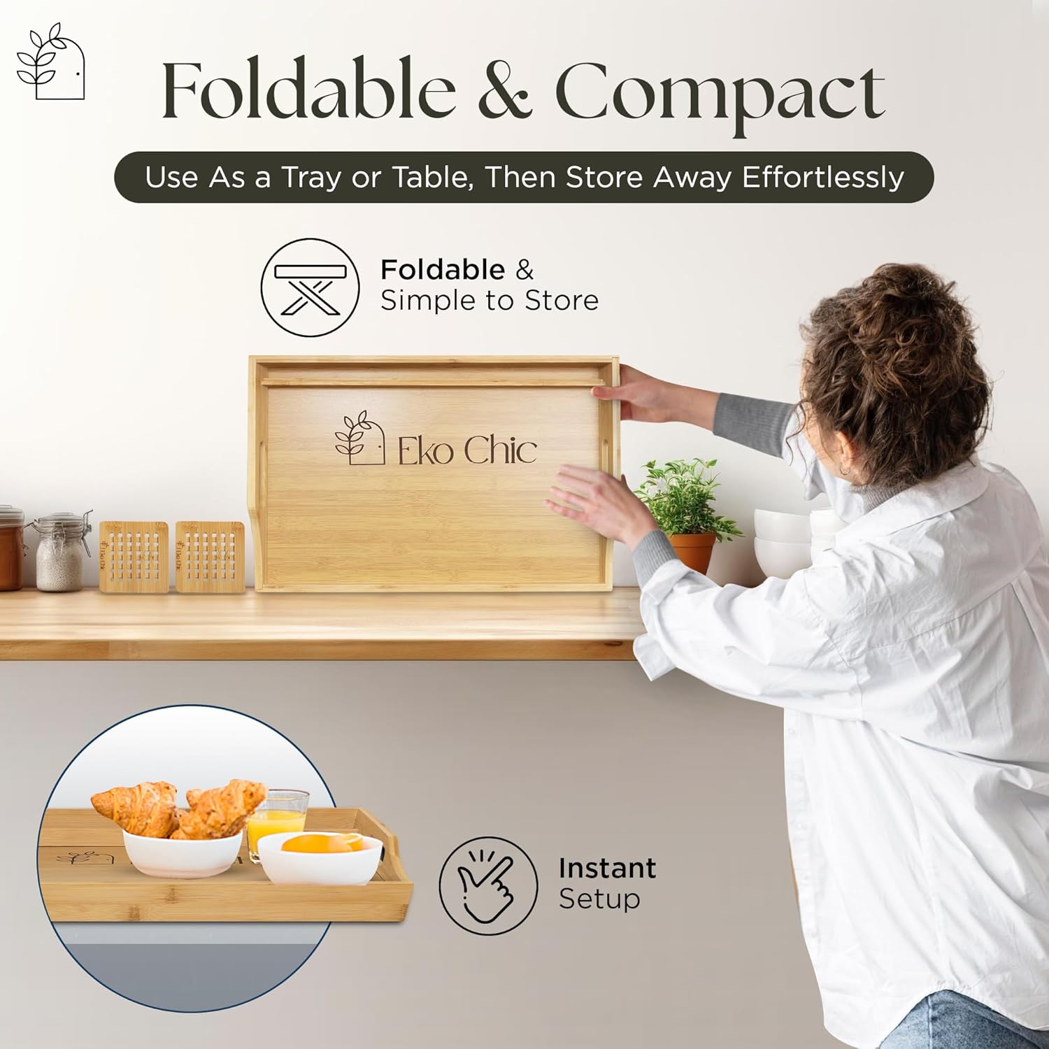 EKOCHIC Table with Foldable Legs & Coasters | Large Bamboo Table for Eating Breakfast Also Laptop - Durable & Stylish Wooden Lap Table for Bedroom, Easy to Clean Food Tray for Bed & Couch