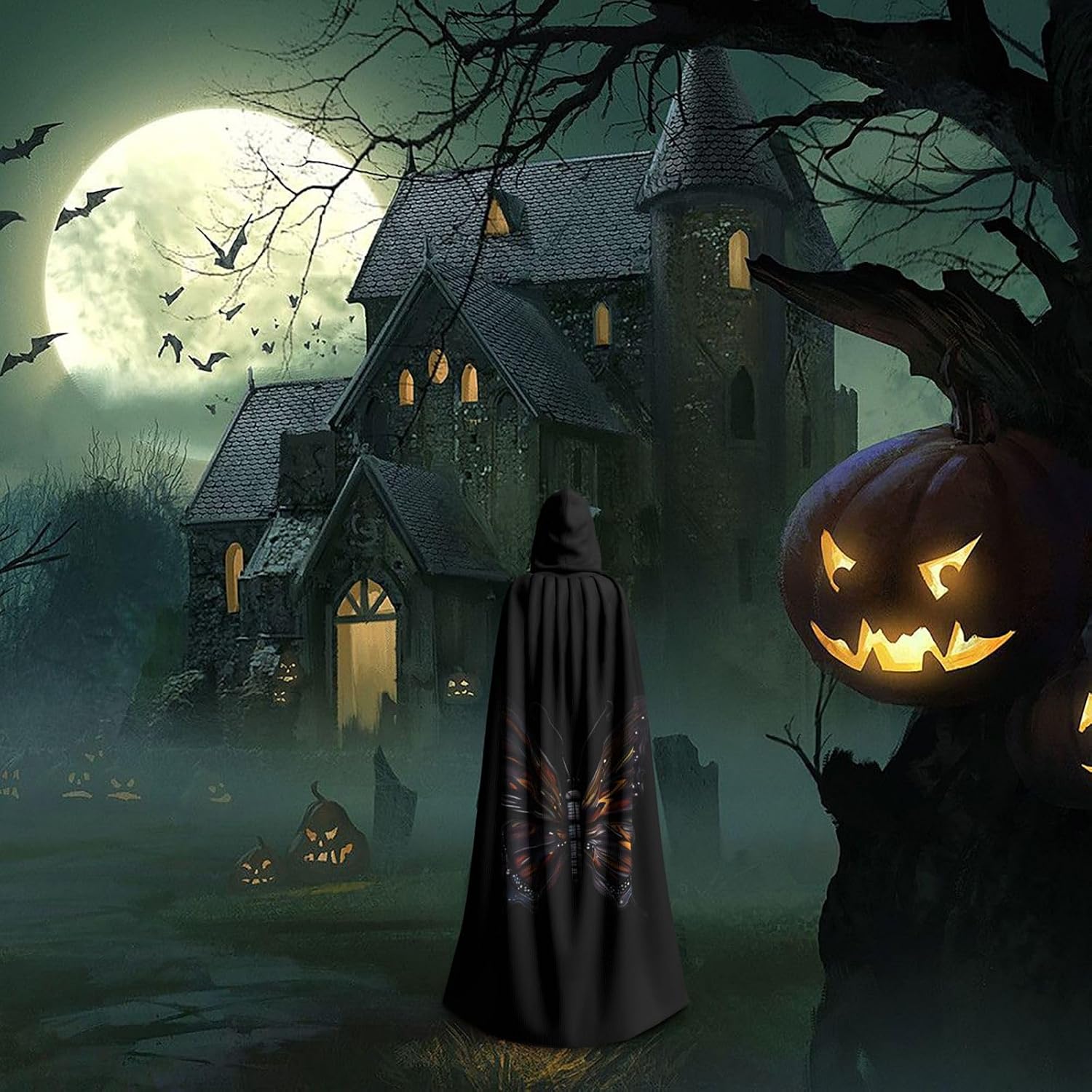 Mystery Butterfly Halloween Adult Hooded Cape, Hooded Robe Cape, Women's Men's Halloween Dress Up Party Cosplay Costumes. Black