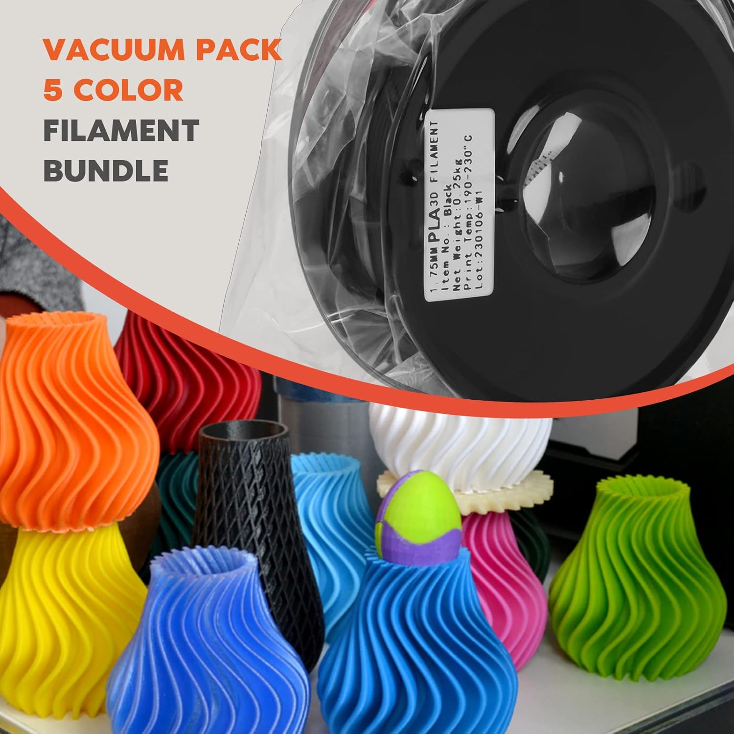 Pla Filament 1.75MM Bundle Printing Materials Accuracy 1.75 mm ±0.02mm 3-D Print Fillament for 3D Printer Creality Ender 3 V2 NEO S1 Pro White Black Blue Purple Red Vacuum Pack 250G x 5 Spools