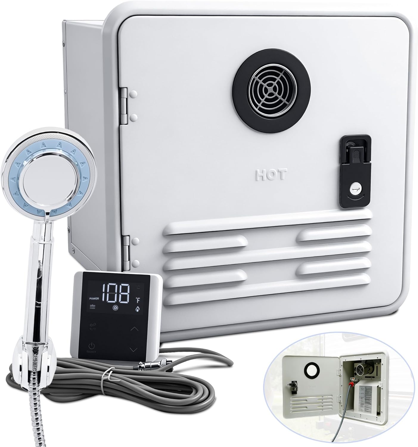 Tankless RV Water Heater, 42000BTU Instant Hot Water System, 15x15 Inch White Door, Compatible with Most RVs for Shower, Dishwashing & Outdoor Use
