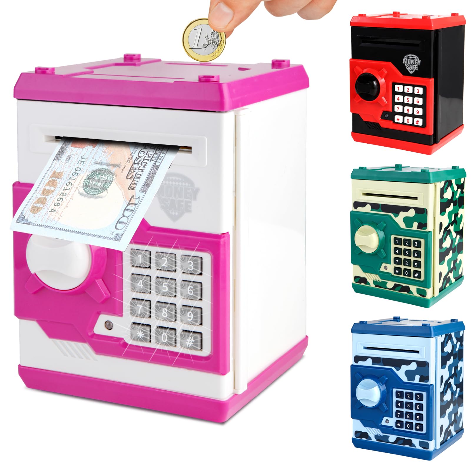 Digital ATM Money Box for Kids Ages 3-12, Electronic Piggy Bank with Password Lock, Auto Scoll Cash Paper Savings Box, Safe Can for Coins & Bills, for Girls (Pink)