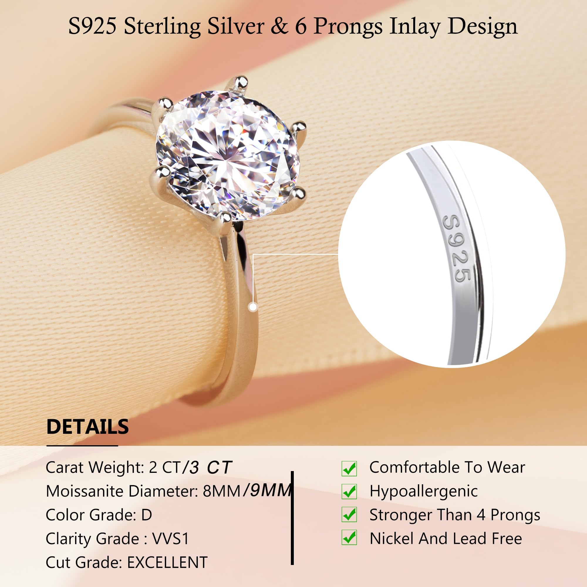 Kitcanis Anello di Fidanzamento da Donna, Anello Con Diamante di Moissanite da 2-3 Carati, Colore VVS1 D, Argento 925 Con Confezione Regalo, Certificato GRA, Anello di Fidanzamento per Donne