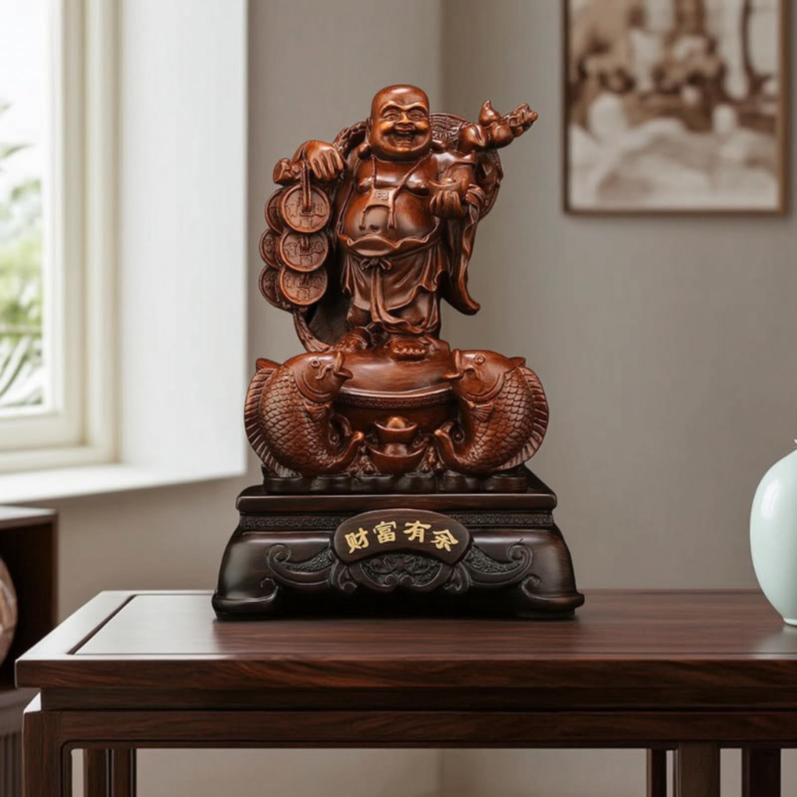Buddha Statue Buddha Figur Buddha Skulptur Dekofiguren mit Schildkröte aus Harz in Goldoptik Symbol für Reichtum Und für Büro Zuhause, 24 Zoll, Glücksdrache Buddha Panlong Buddha, Sandgold