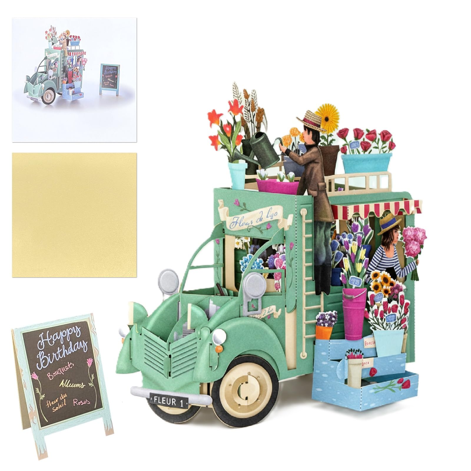 2026 Flowers Cart Greeting Card, 3D Pop Up Happy Birthday Card Handmade Float Pattern Card, Folded Birthday Greeting Card with Envelope, Cart for Selling Flowers Wedding