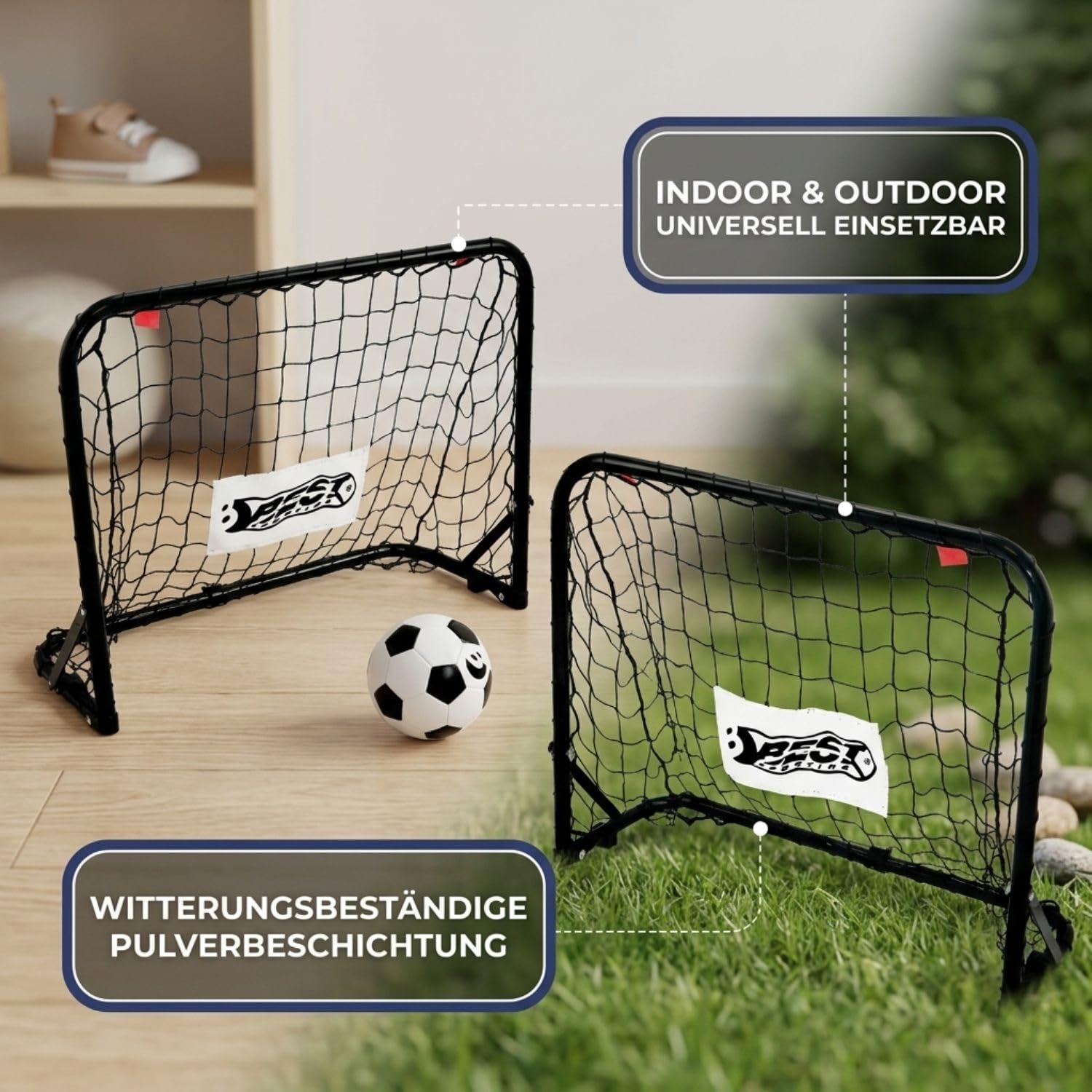 Best Sporting Mini Fussballtor | Fussballtore 2er Set - ideal als Fussball Geschenke Jungen | Inklusive Ball Größe 1, Luftpumpe, Erdanker zur Fixierung und Saugnäpfe für Glatte Oberfläche 60x45x24 cm