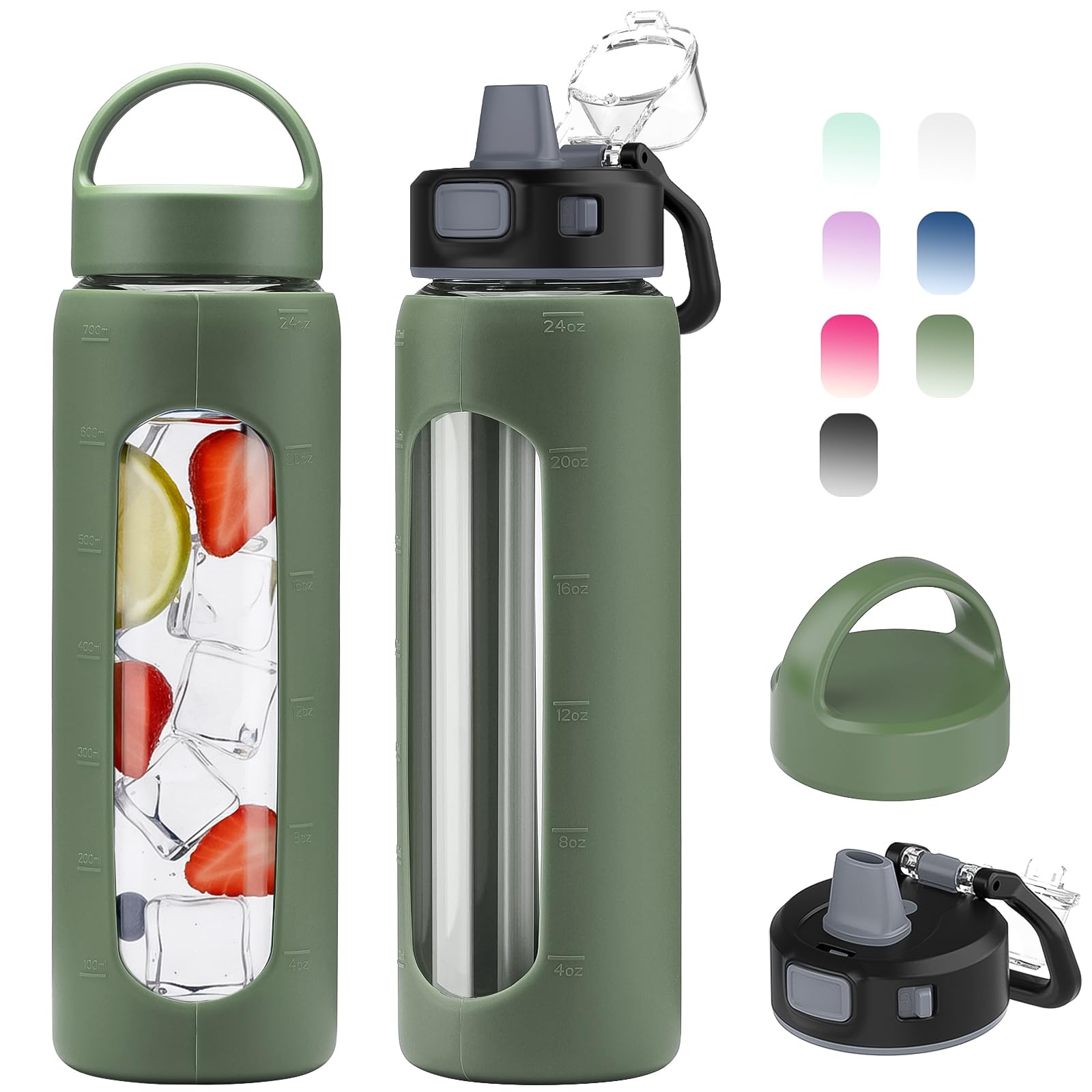 Kodrine 24oz Glass Water Bottle With Straw-2 lids-Reusable Daily Water Intake Glass Bottle with Measurements,Silicone Sleeve, Time Marker, Cupholder Friendly for Home,Gym,Sports-Olive
