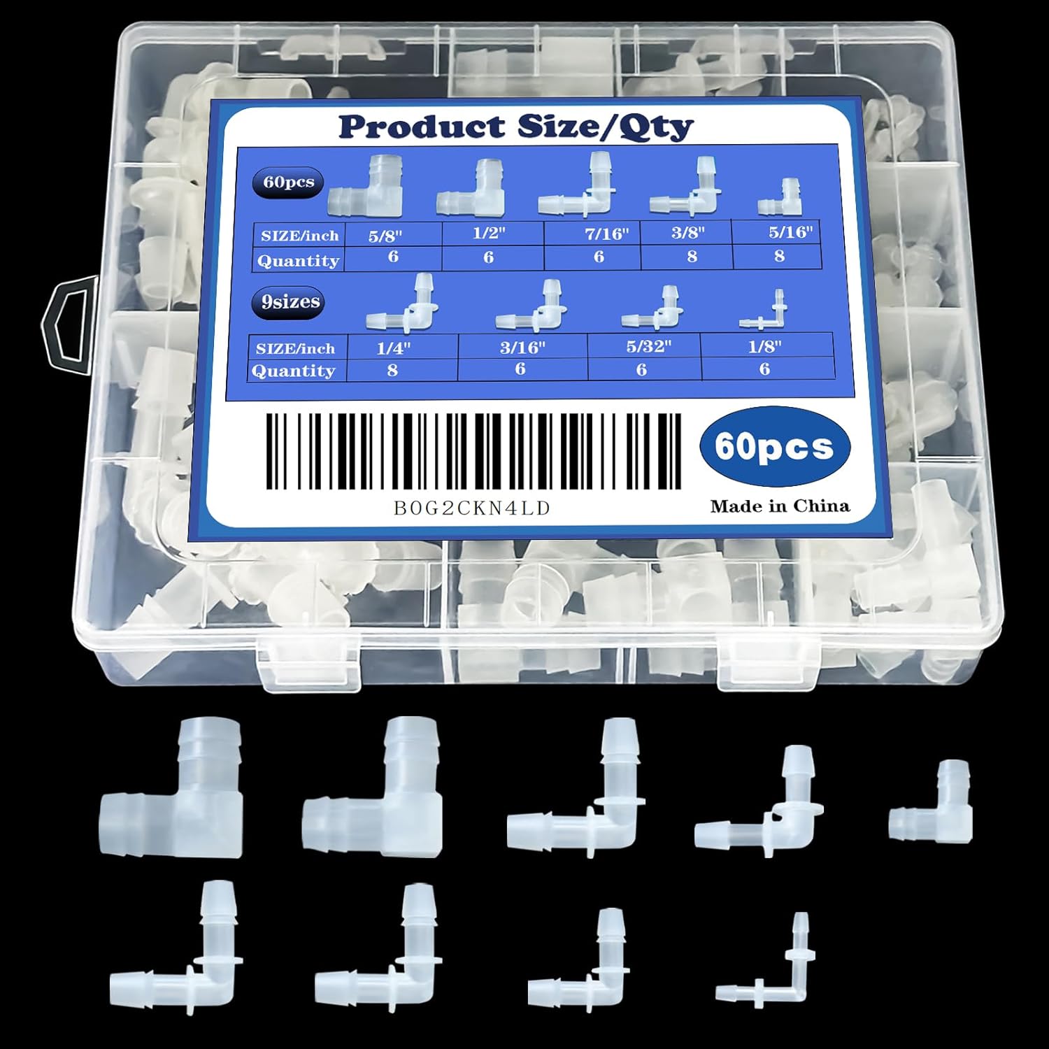 60Pcs Hose Barb Fittings Assortment, 9 Sizes of Equal Barbed Hose Fittings, 90 Degree Elbow L Fittings, Plastic Barbed Connection, Pipe Connectors, and Menders for Liquid, Air, Gas, and Water