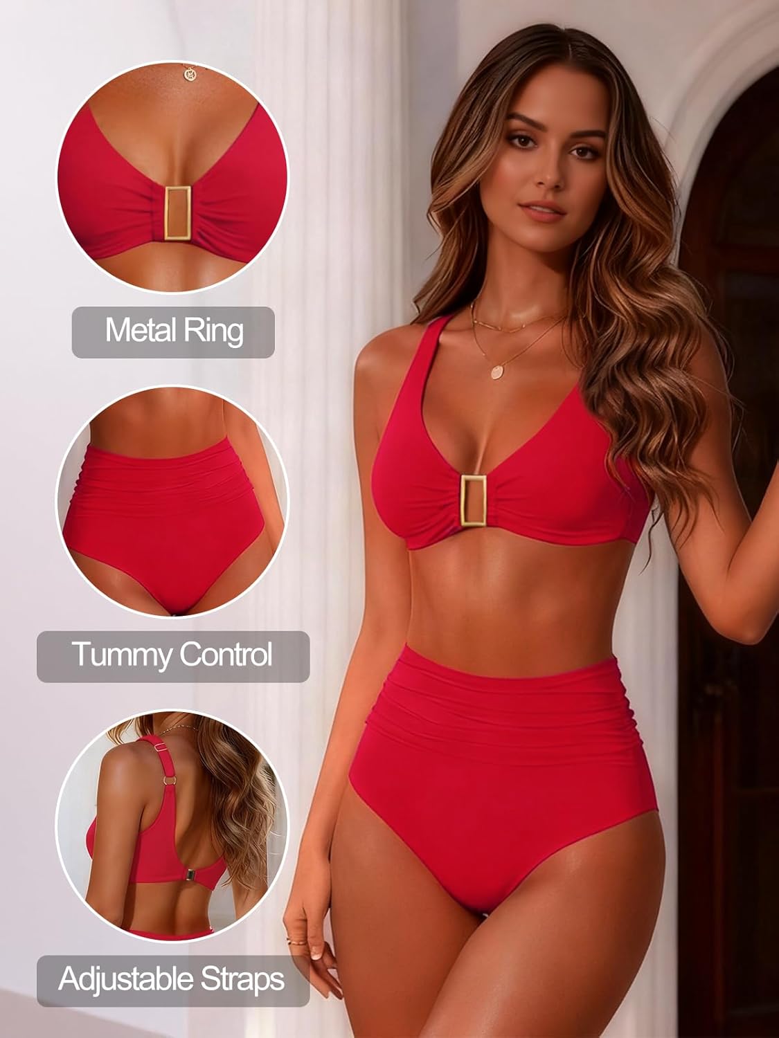 Women's High Waisted Bikini Sets Two Piece Tummy Control Swimsuits Metal Ring Linked Bathing Suit Adjustable Straps Swimwear