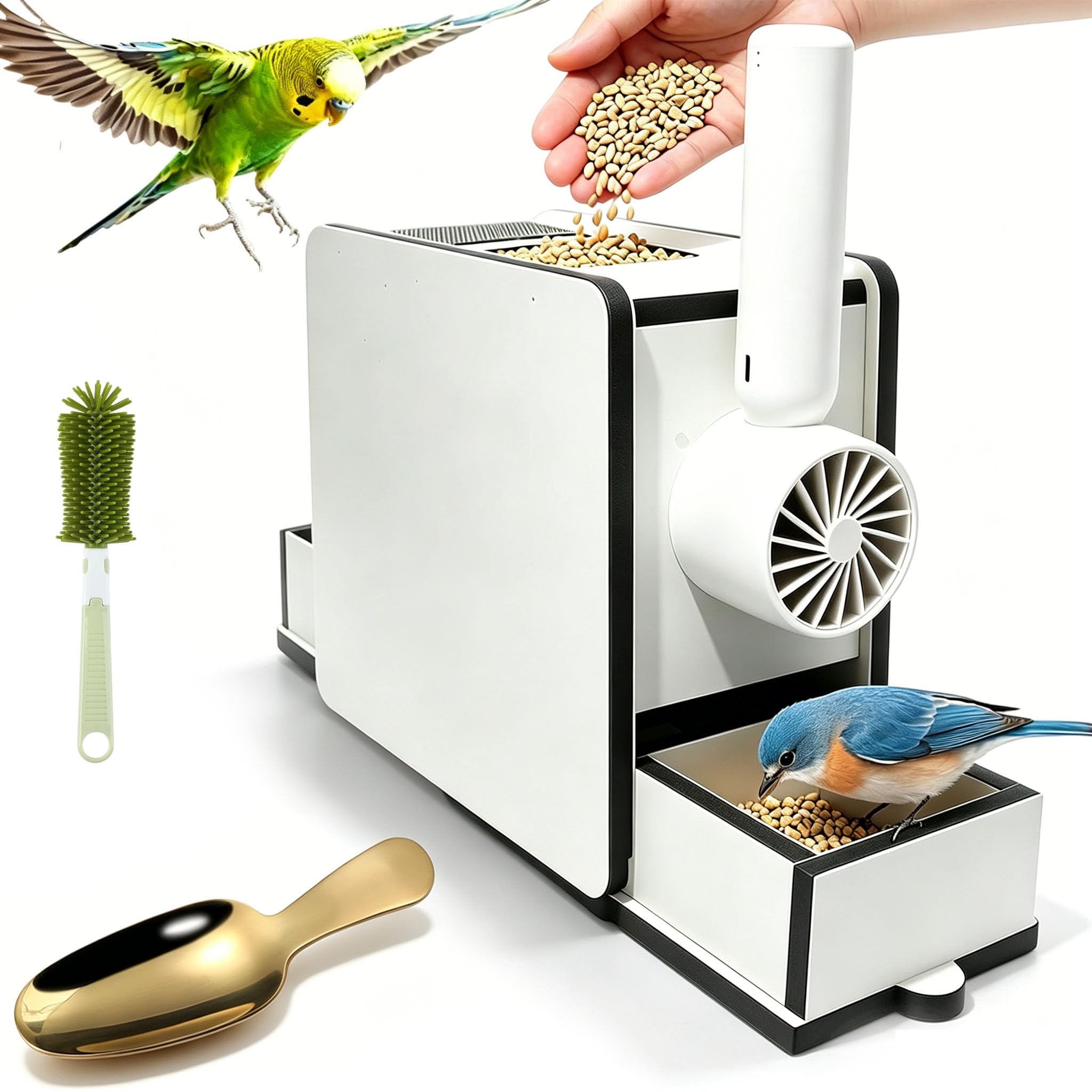 Rechargeable Bird Seed Shell Separator, Bird Seed Husk Remover, Adjustable Quick Food Shell Separator Machine, Durable Bird Feeding Accessory For Parrot Budgiee Cockatiel Feed Cleaning (With fan)