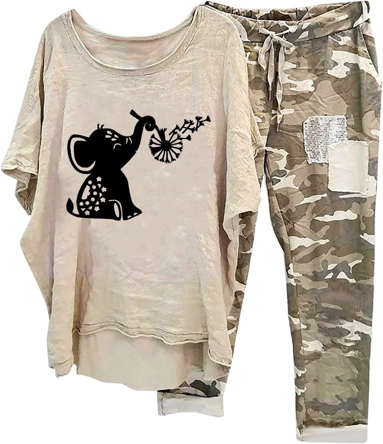 Ensemble Jogging Femme Coton Lin – Chemisier Manches Chauve-Souris + Pantalon Camouflage Décontracté, Chic Et Respirant Printemps Été
