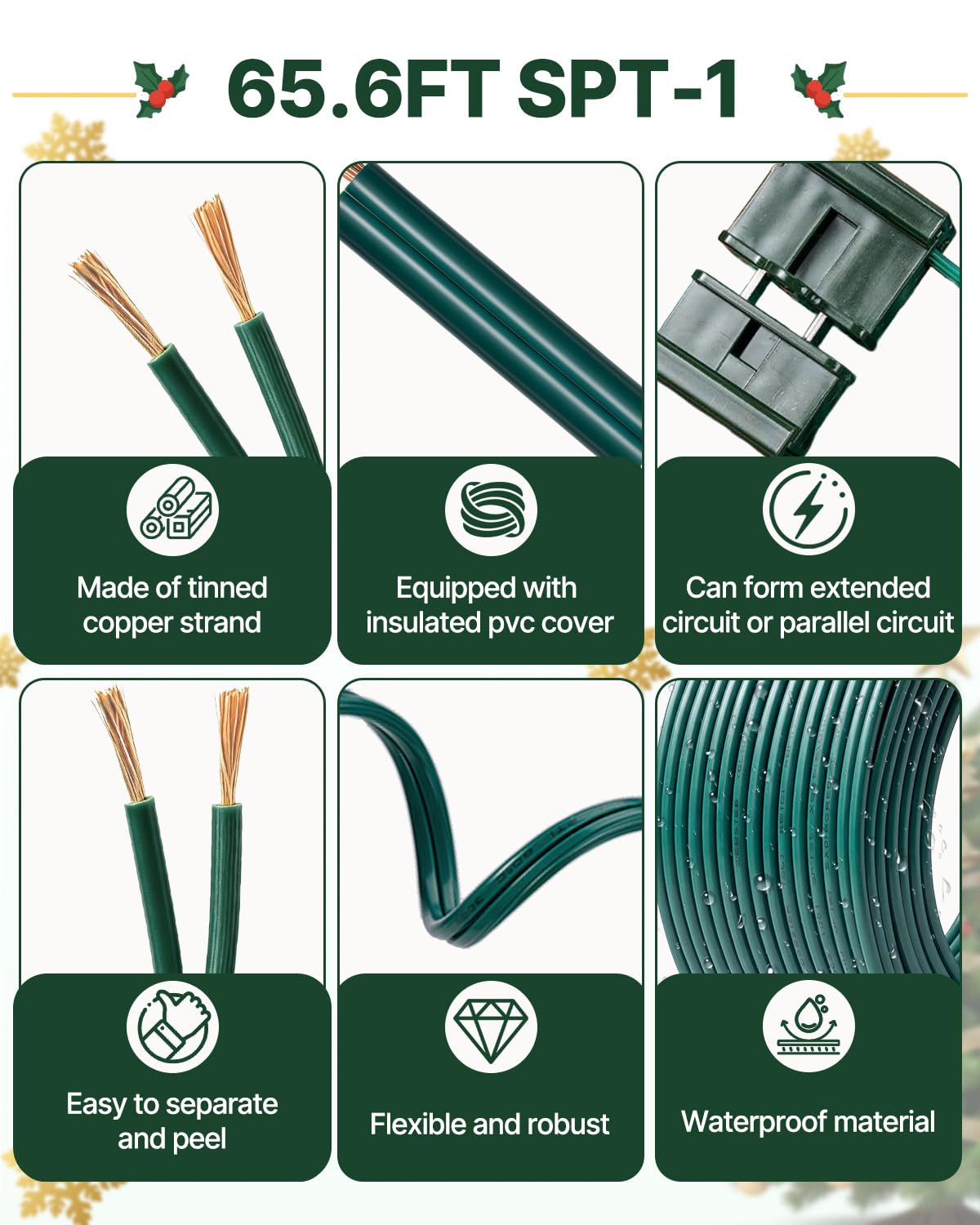 65FT SPT-1 Christmas Electrical Wire with 8 Vampire Plugs, 18/2 AWG LV Wire image 3