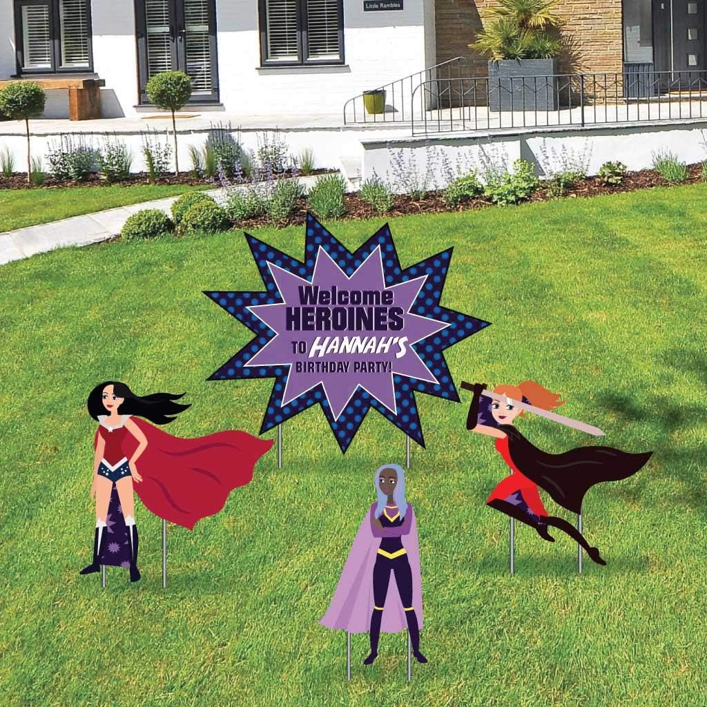 VictoryStore Super Hero Birthday Party Supplies: Happy Birthday Super Hero or Happy Birthday Super Heroines Yard Decoration Sets 4pcs Includes stakes (Super Heroine Custom) 12478