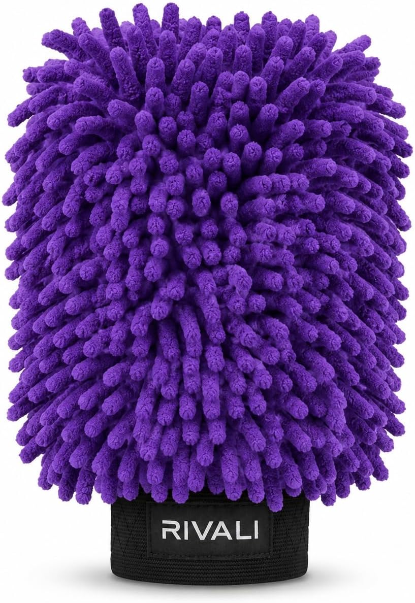 Rivali Car Care Professional Chenille Microfiber Wash Mitt - Ultra Soft Scratch-Free Premium Car Wash Mitt for Cars, Trucks & SUVs - Plush Absorbent Microfiber Cleaning Glove, Purple