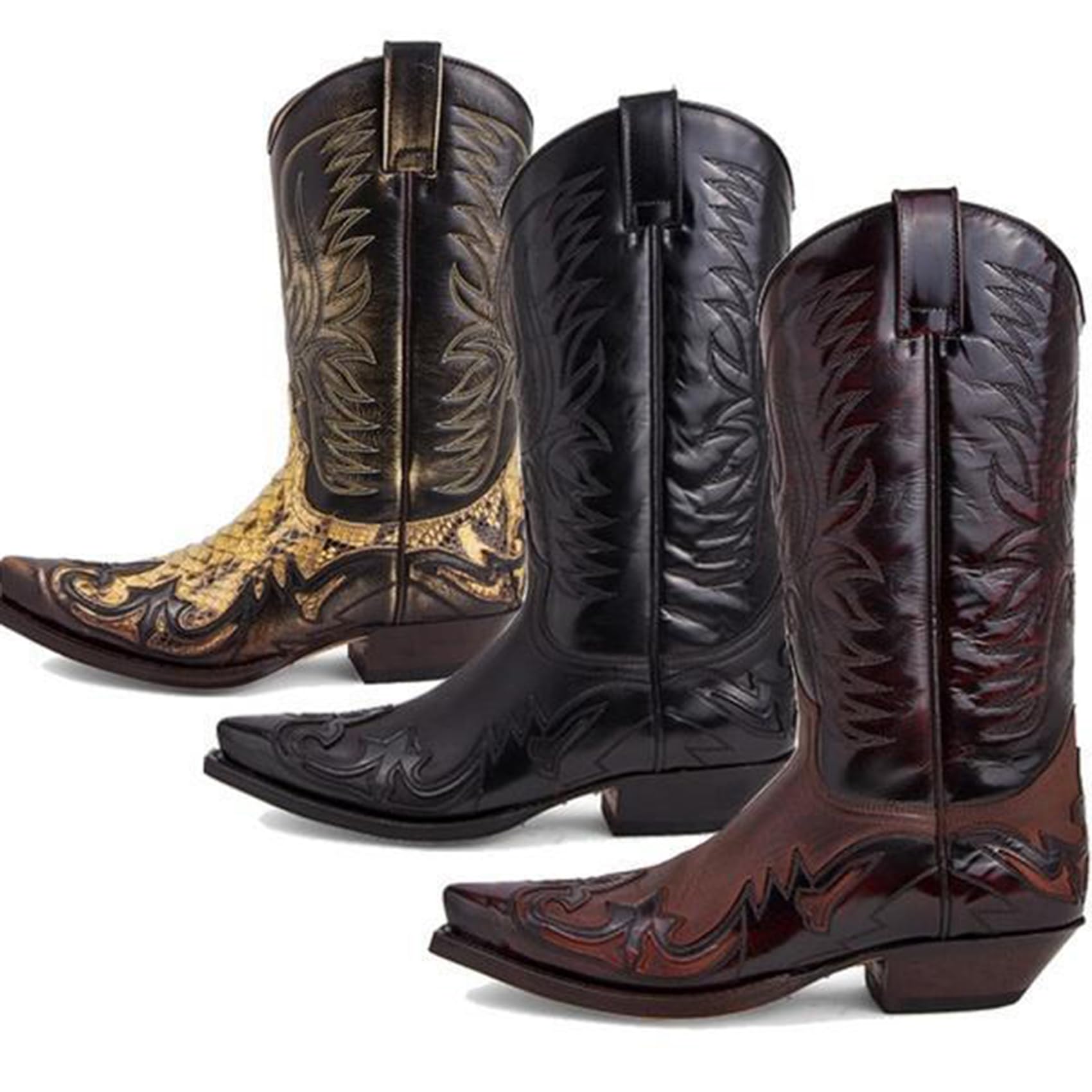 DJFOG Bottes de Chevalier pour Hommes, Bottes de Motard brodées, Bottes Hautes Vintage, Style Cowboy Occidental, Bottes de Moto à Bout Pointu