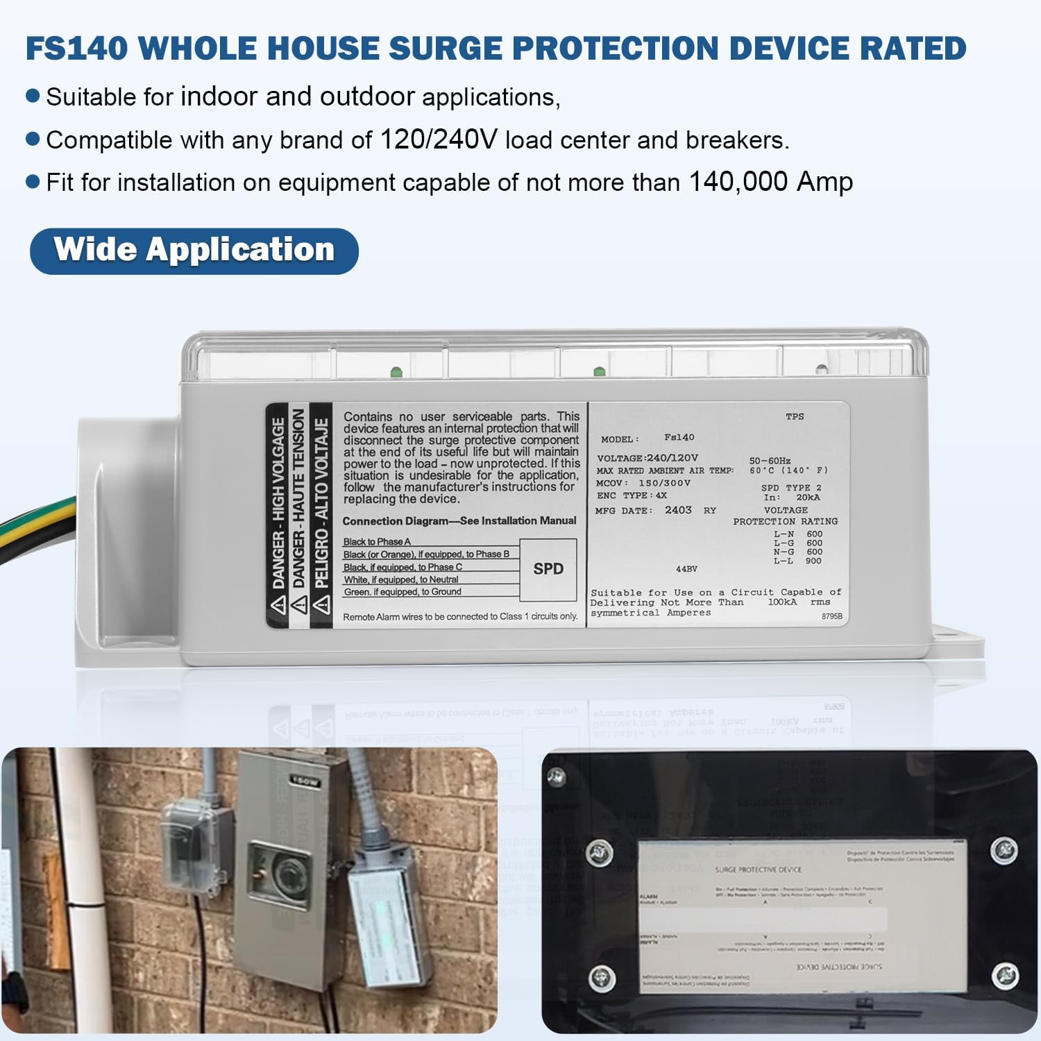 FS140 Whole House Surge Protection Device Rated for 140,000 Amps, Replace for Siemens FS140, Compatible with Any Brand of Load Center and Breakers, 120/240V