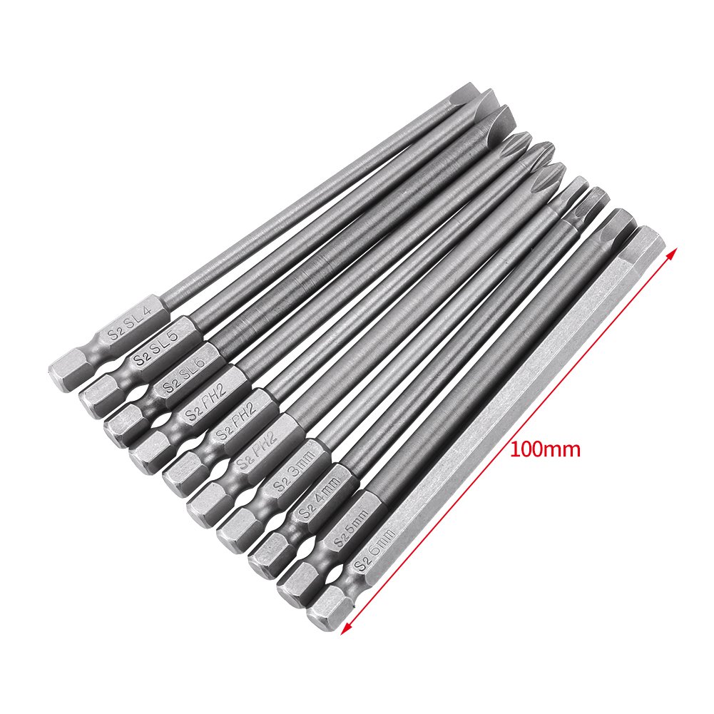 Keenso Schraubendreher Bits Set, 10 Stück 1/4 Zoll 100mm Schraubendreher Bits Magnet BST Schraubendreher Bits (Schlitzkopf, Kreuzkopf, Sechskantkopf)