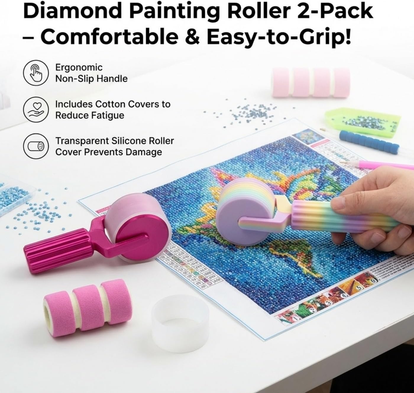 Diamond Art Roller 2 Pack for Diamond Painting, Diamond Painting Roller Tool with Protective Clear Ring & Sponge Grip, Rainbow Brayer Accessories for Pressing Loose Drills