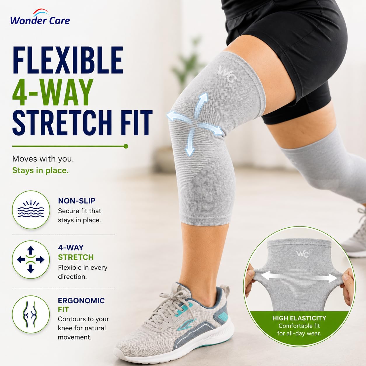 Wonder Care Genouillère en bambou noir pour homme/femme, genouillère pour la course, la gym, le badminton, le sport, genouillère de compression | Genouillère parfaite pour les douleurs au genou et un