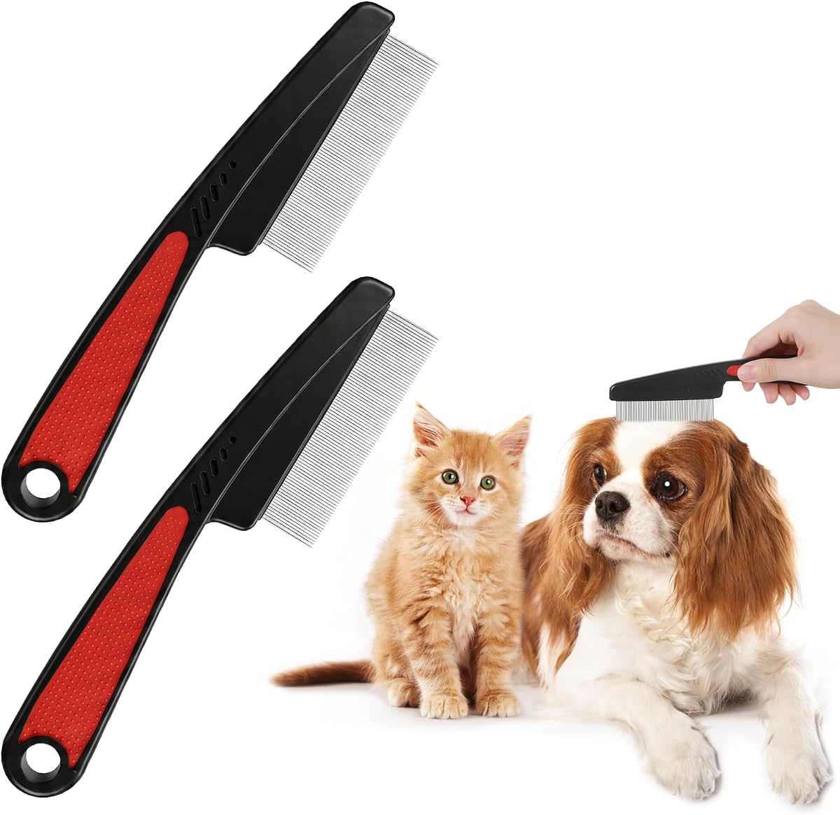 2 Pcs Flea Brush for Cat Dogs, Removal Flea and Tick Comb, Fine Tooth Stainless Cleaning Massage Brush for Dog Cat (Red)
