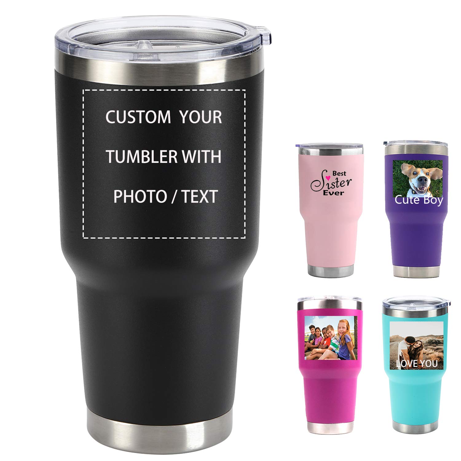 Personalized Photo Tumblers 30oz Stainless Steel Travel Tumblers Custom Vacuum Insulated Cup with Text / Photo/ Logo (BLACK 30OZ)