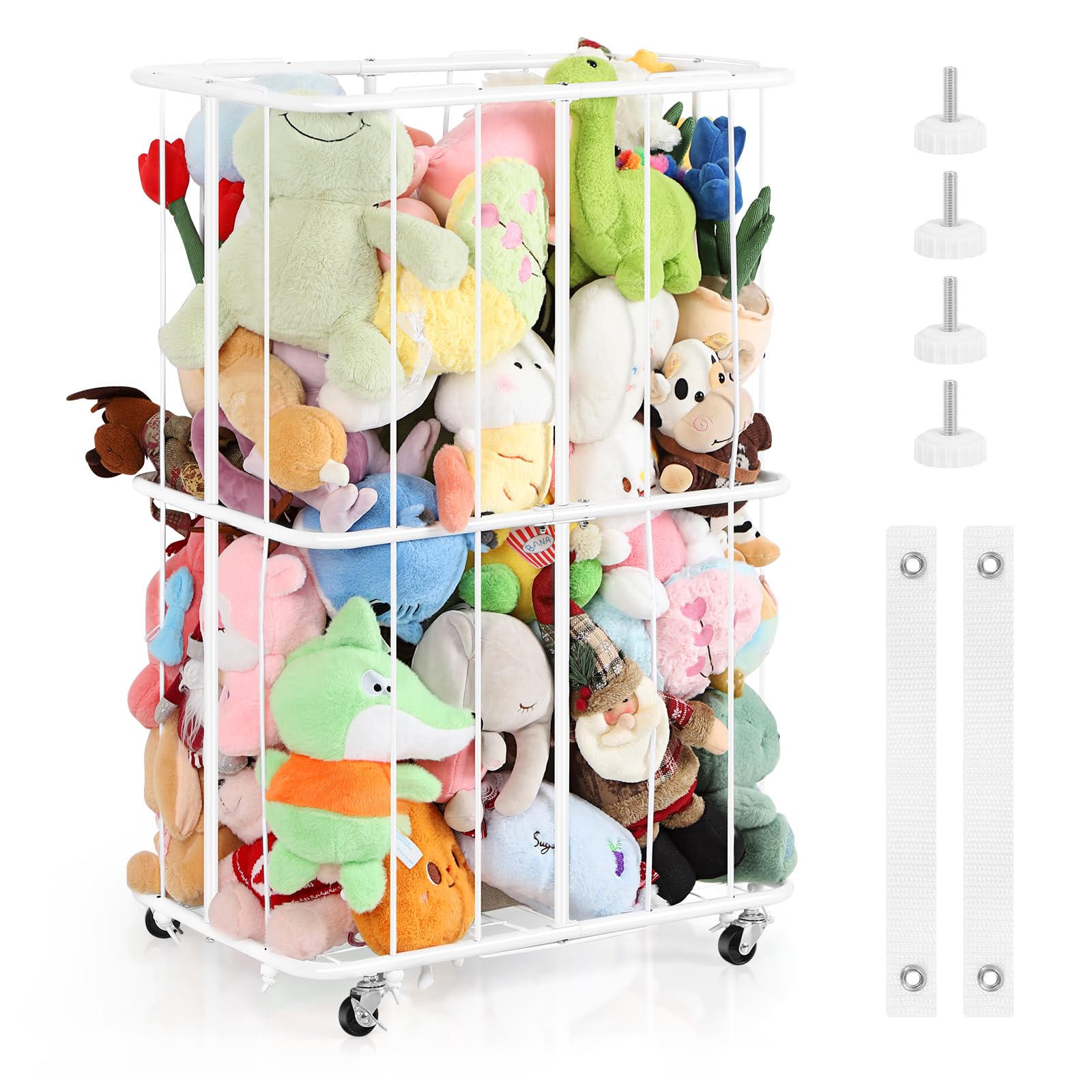 Stuffed Animal Storage Plush Toy Organizer Rolling Stuffed Animal Holder with Wheels Large Stuffed Animal Storage Zoo, Elastic Band for Playroom