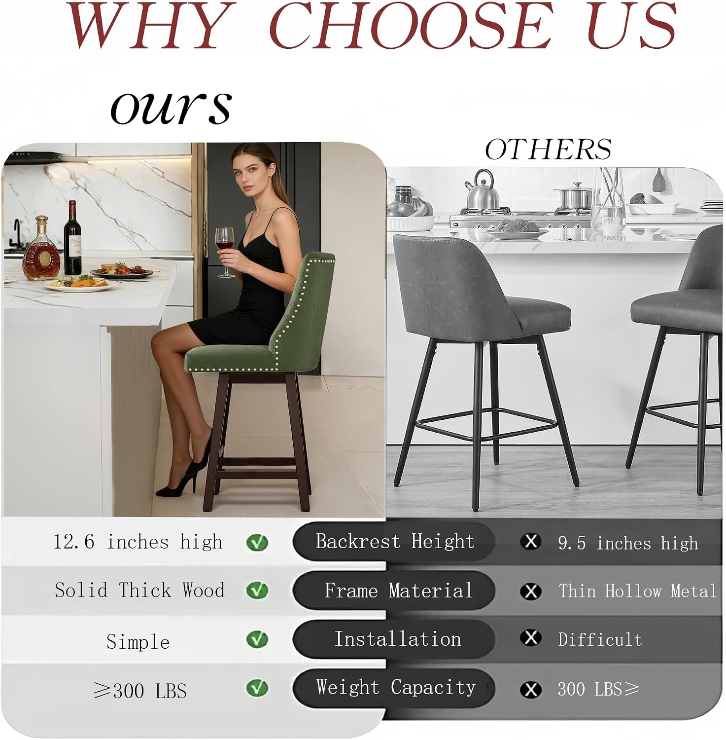 Counter Height Swivel Bar Stools,Bar Stools Set of 3,26 Inch Modern Counter Height Barstools,Kitchen Backs Soft Fabric Upholstered Rivets Bar Chairs,Solid Wood Legs,Forest Olive Green Linen