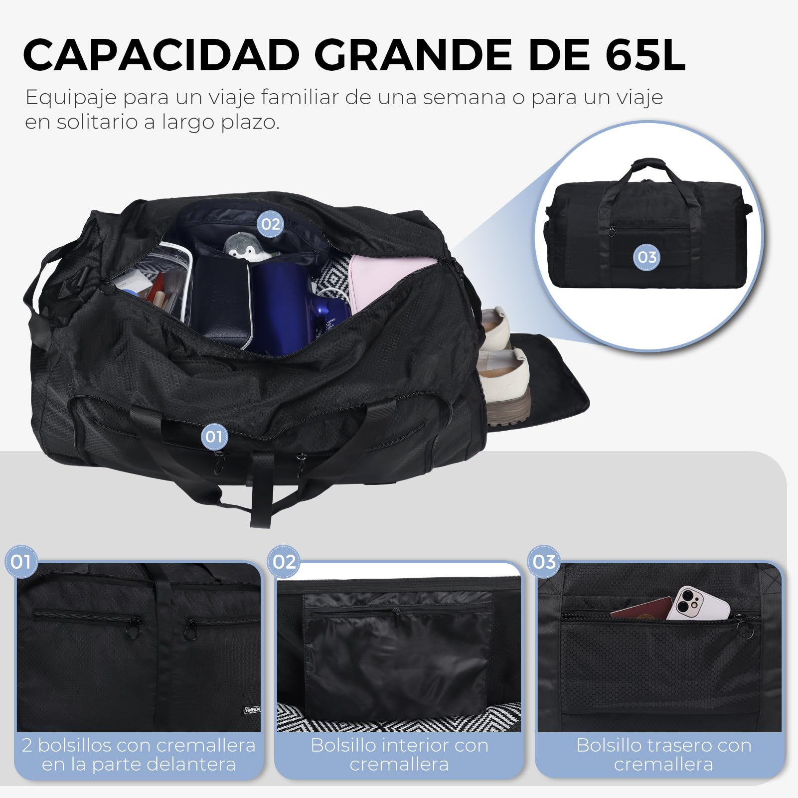 Fmeida Bolsa de Viaje Grande 65L con Compartimento para Zapatos, Plegable Bolsa Viaje Impermeable Ligera Bolsas de Viaje para Hombre y Mujer - Negro