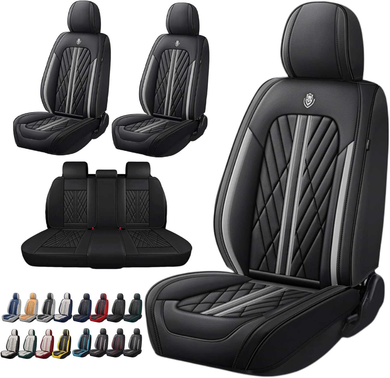 Universal Fit Waterproof Breathable Nappa Leather Automotive Vehicle Car Seat Covers Set Cushion Protector for Sedan SUV Black Grey line Full Set 5 Seats