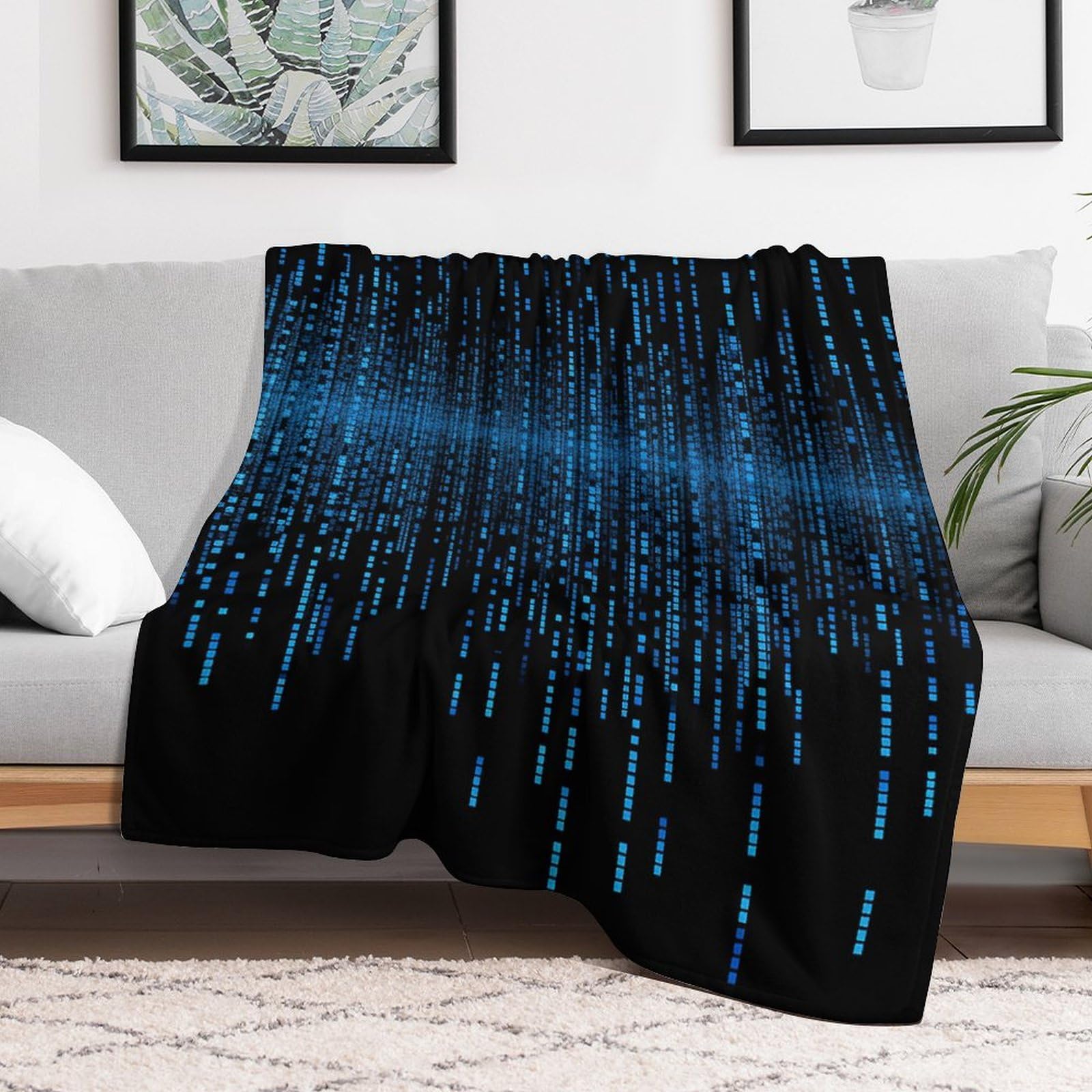 Custom Blue Binary Matrix Flannel Fleece Throw Blanket 60x80 Inch Soft Cozy Throws for Couch Sofa Bed Farmhouse Blankets Comfort Decorative Bedtime Blanket Lightweight All Season Easy Care