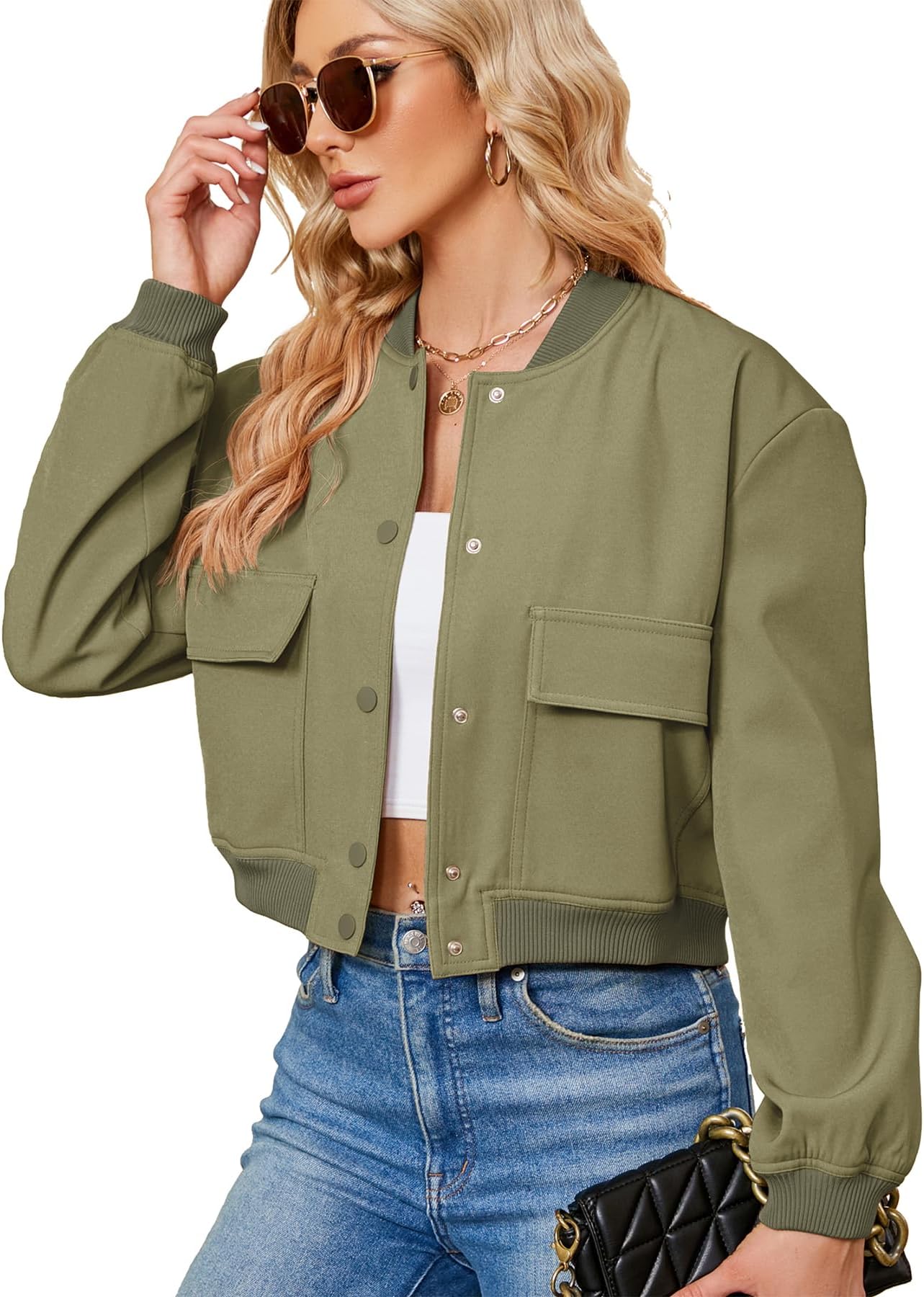 Zando Bomber Jacket Women 2026 - Short Cropped Jacket Women Button Down Long Sleeve Casual Varsity Jackets with Pockets